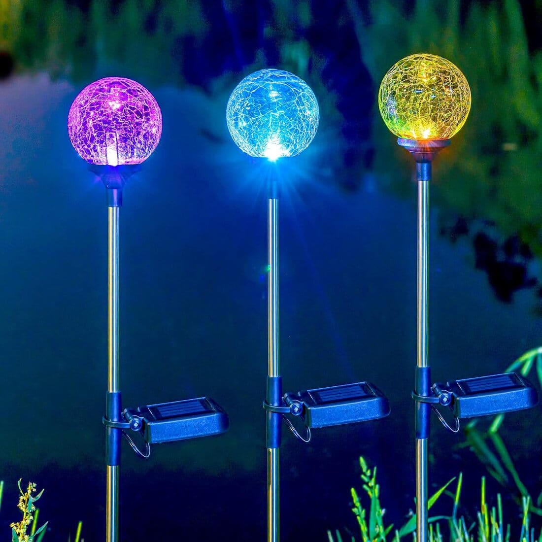Solar Crackle Ball Tall Stake Lights Set