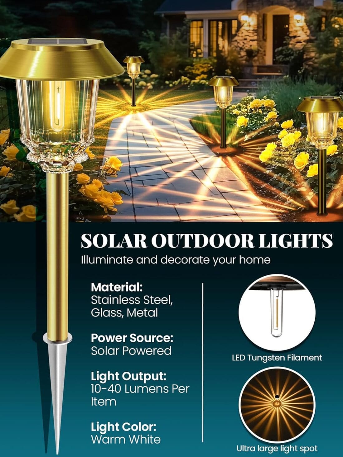 Solar Pathway Lights Outdoor with 10-40 LM Dimmable Glass and Metal