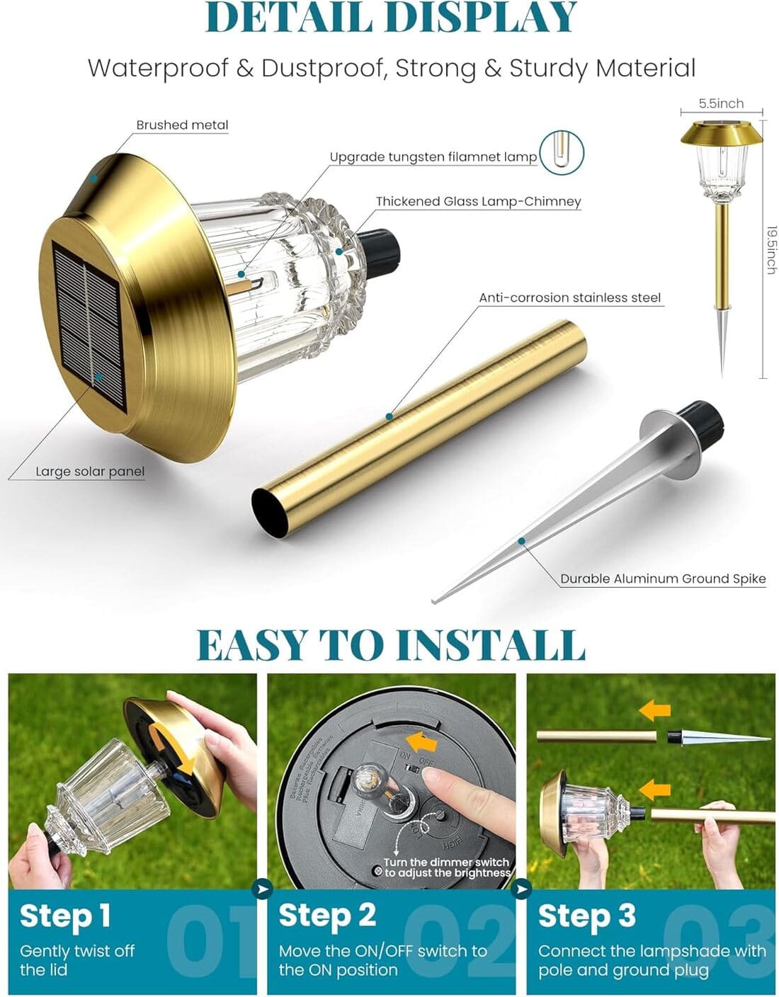Solar Pathway Lights Outdoor with 10-40 LM Dimmable Glass and Metal