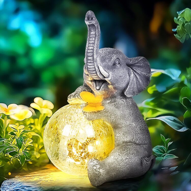 Gigalumi Outdoor Solar Elephant Garden Statue Decor with Glass Globe Light(1 Pack)