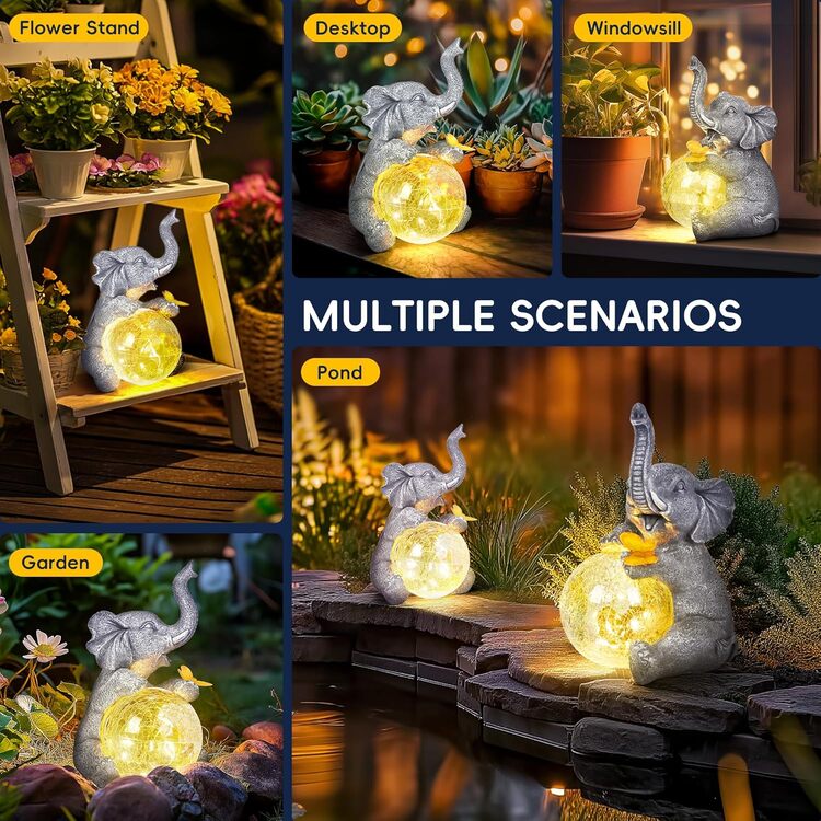 Gigalumi Outdoor Solar Elephant Garden Statue Decor with Glass Globe Light(1 Pack)