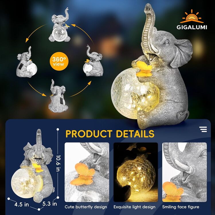 Gigalumi Outdoor Solar Elephant Garden Statue Decor with Glass Globe Light(1 Pack)