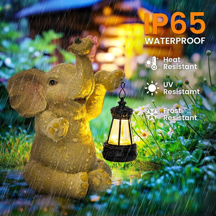 Gigalumi Solar Elephant Garden Statue with Lantern for Patio, Balcony(1 Pack)
