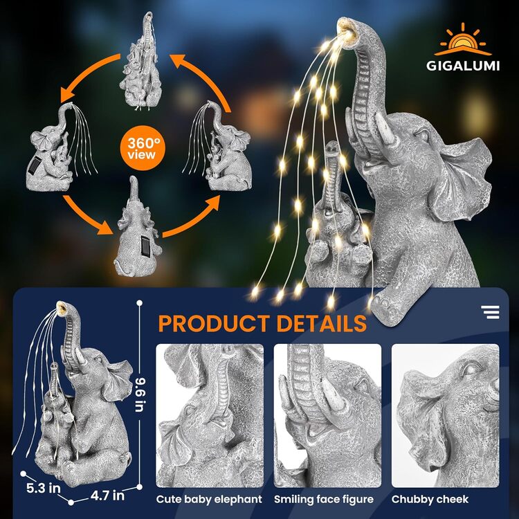 Gigalumi Solar Mother and Baby Elephant Garden Statue Light Decor Ornament Gift(1 Pack)