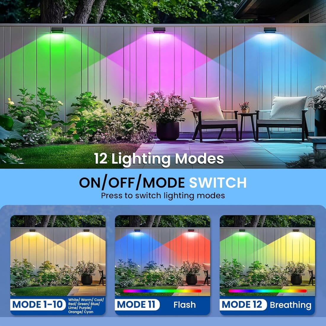 Solar Fence Lights Outdoor Waterproof 1300mAh 12 Lighting Modes Solar Wall Lights for Outside Backyard Decor for Porch, House, Garage, Patio Decorations