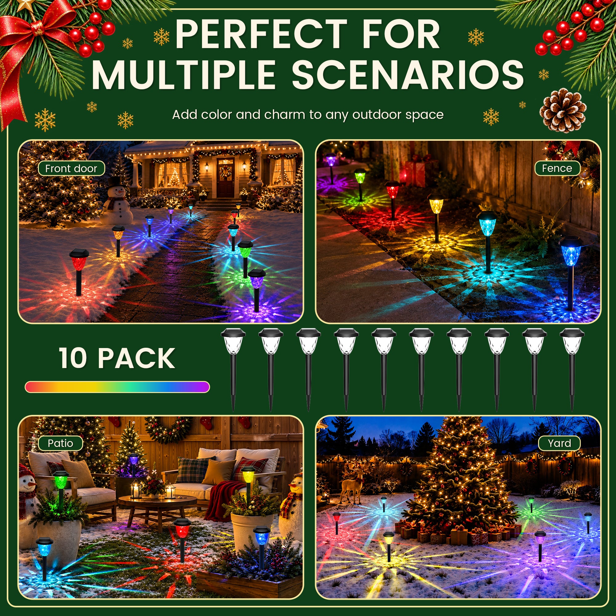 GIGALUMI Solar Christmas Lights Outdoor, 10 Pack RGB Pathway Lights