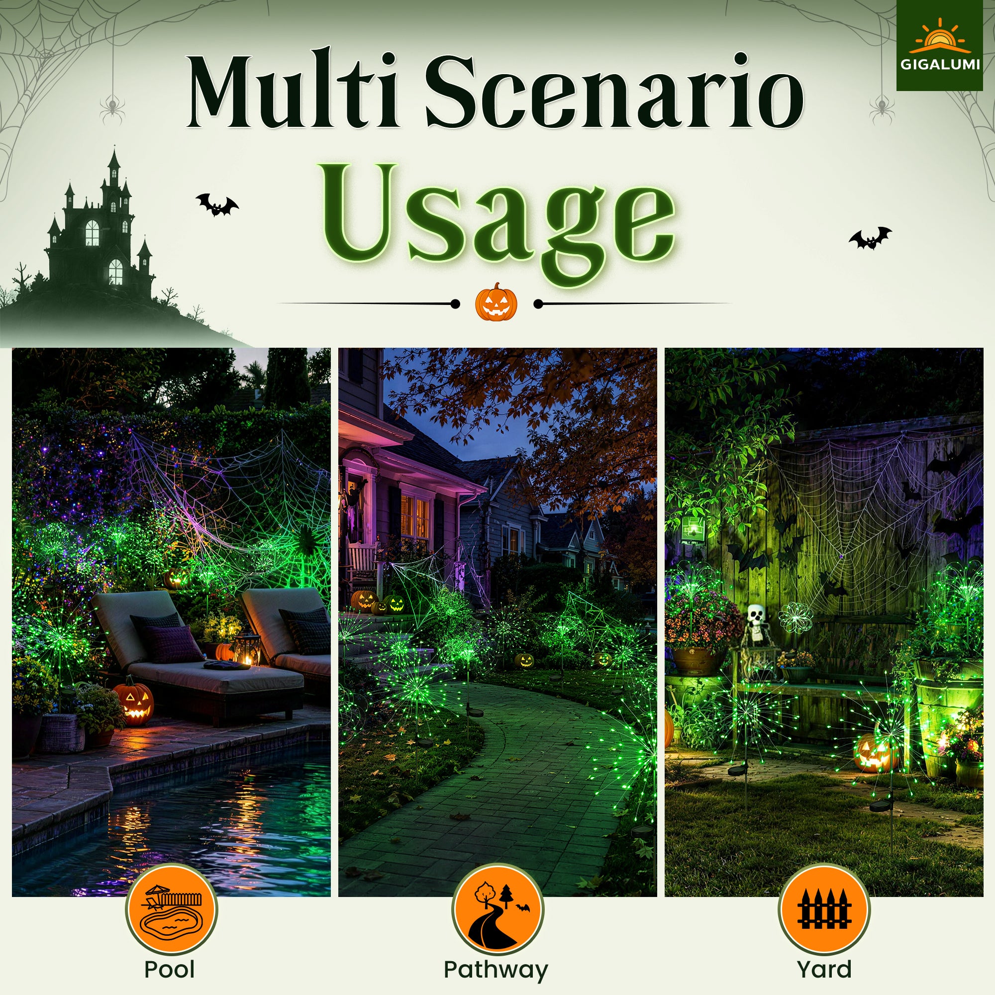 GIGALUMI Solar Firework Lights Outdoor, Halloween Decor, Green