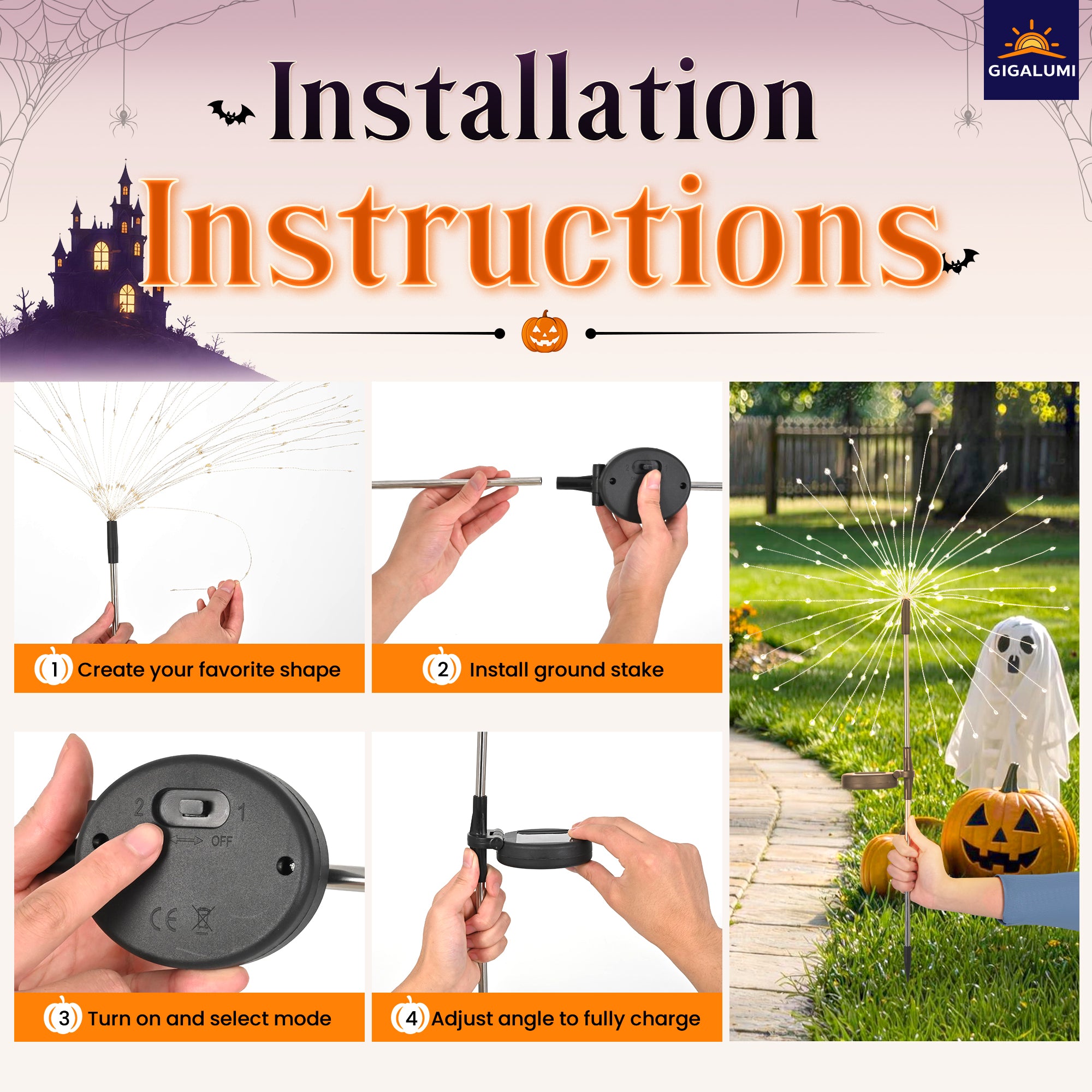 GIGALUMI Solar Firework Lights Outdoor, Halloween Decor, Purple
