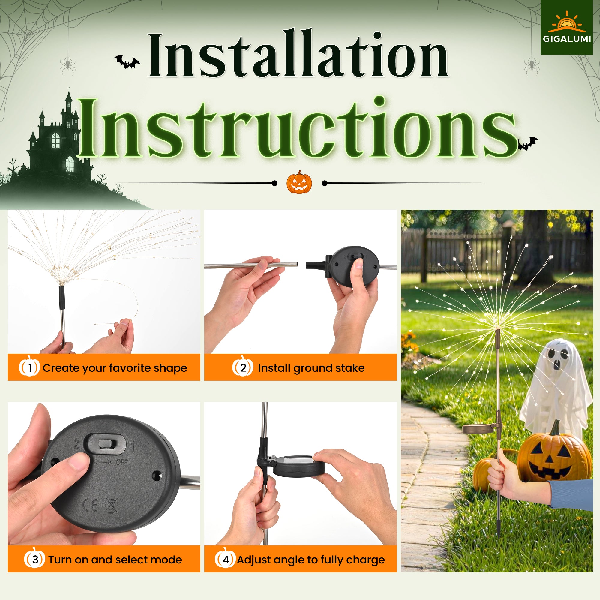 GIGALUMI Solar Firework Lights Outdoor, Halloween Decor, Green