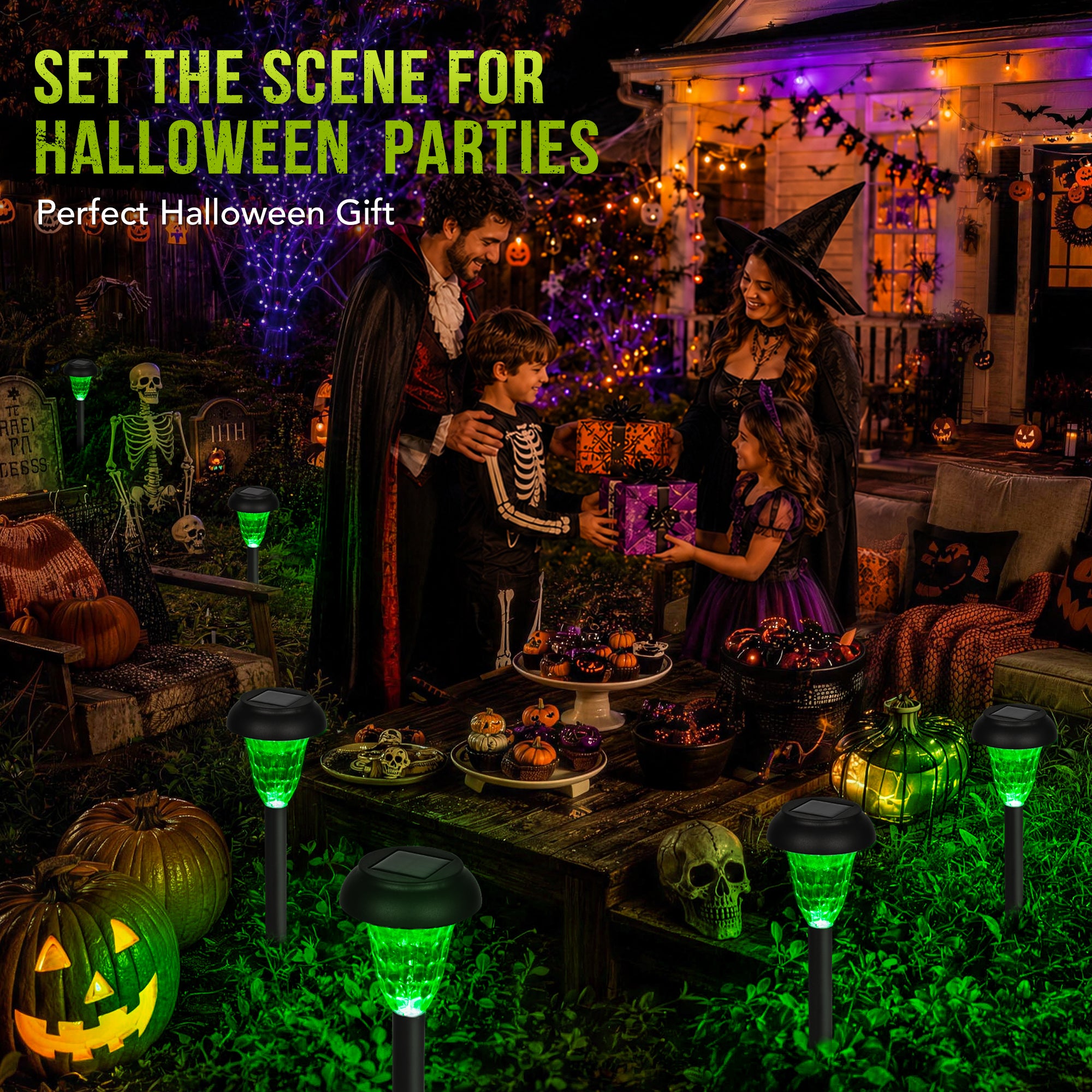 GIGALUMI Solar Halloween Lights Outdoor Waterproof Pathway Lights, 12 Pack, Green