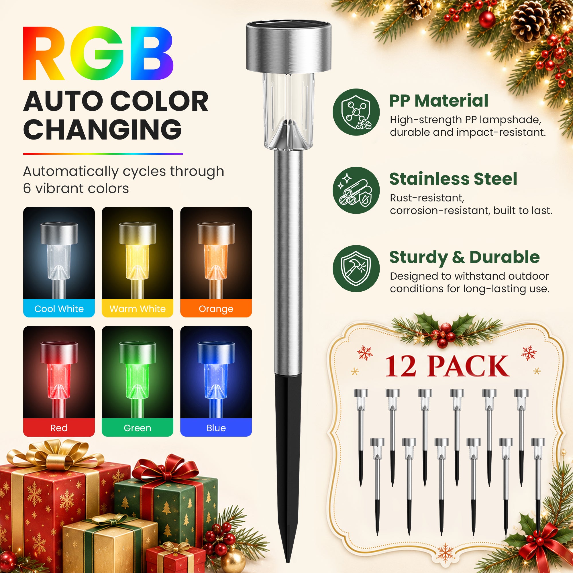 GIGALUMI Outdoor Waterproof Multicolor Solar Garden Lights, 12 Pack