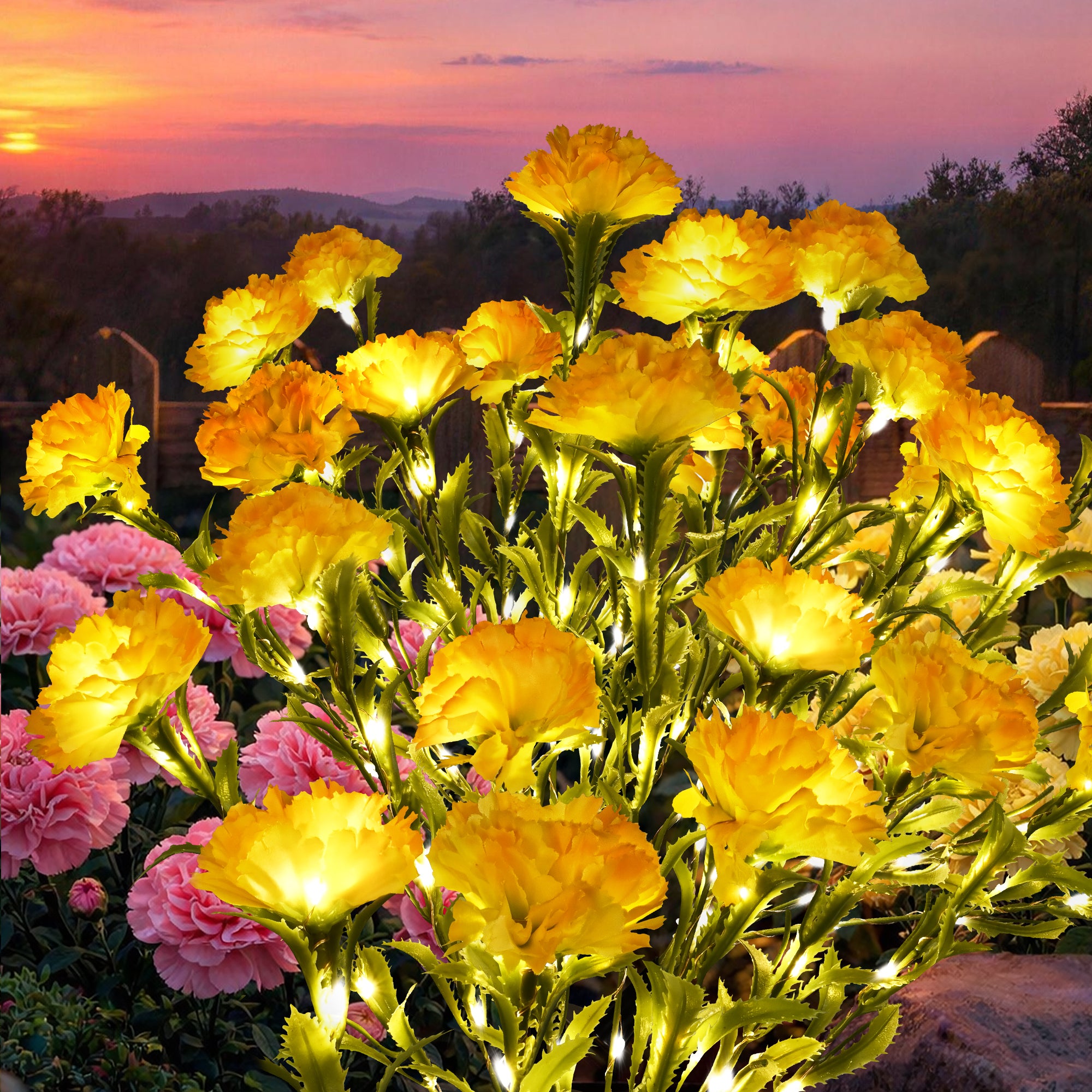 GIGALUMI 4 Pack Solar 28 Carnations Flowers Outdoor, 2 Modes, Yellow