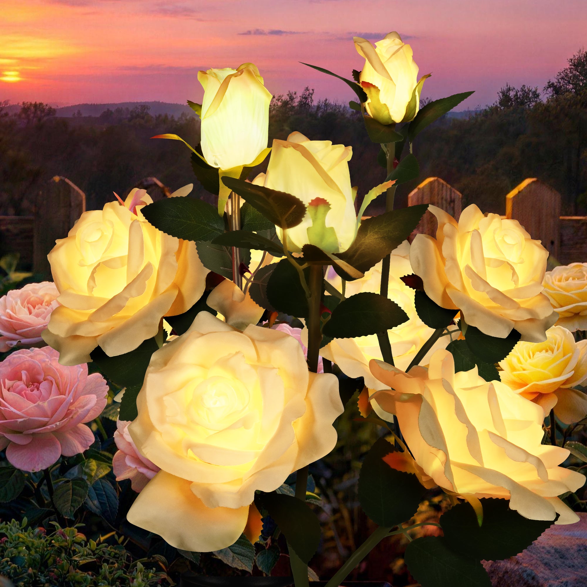 GIGALUMI Solar Outdoor Lights 9 Roses for Garden Decor, 3 Pack Yellow