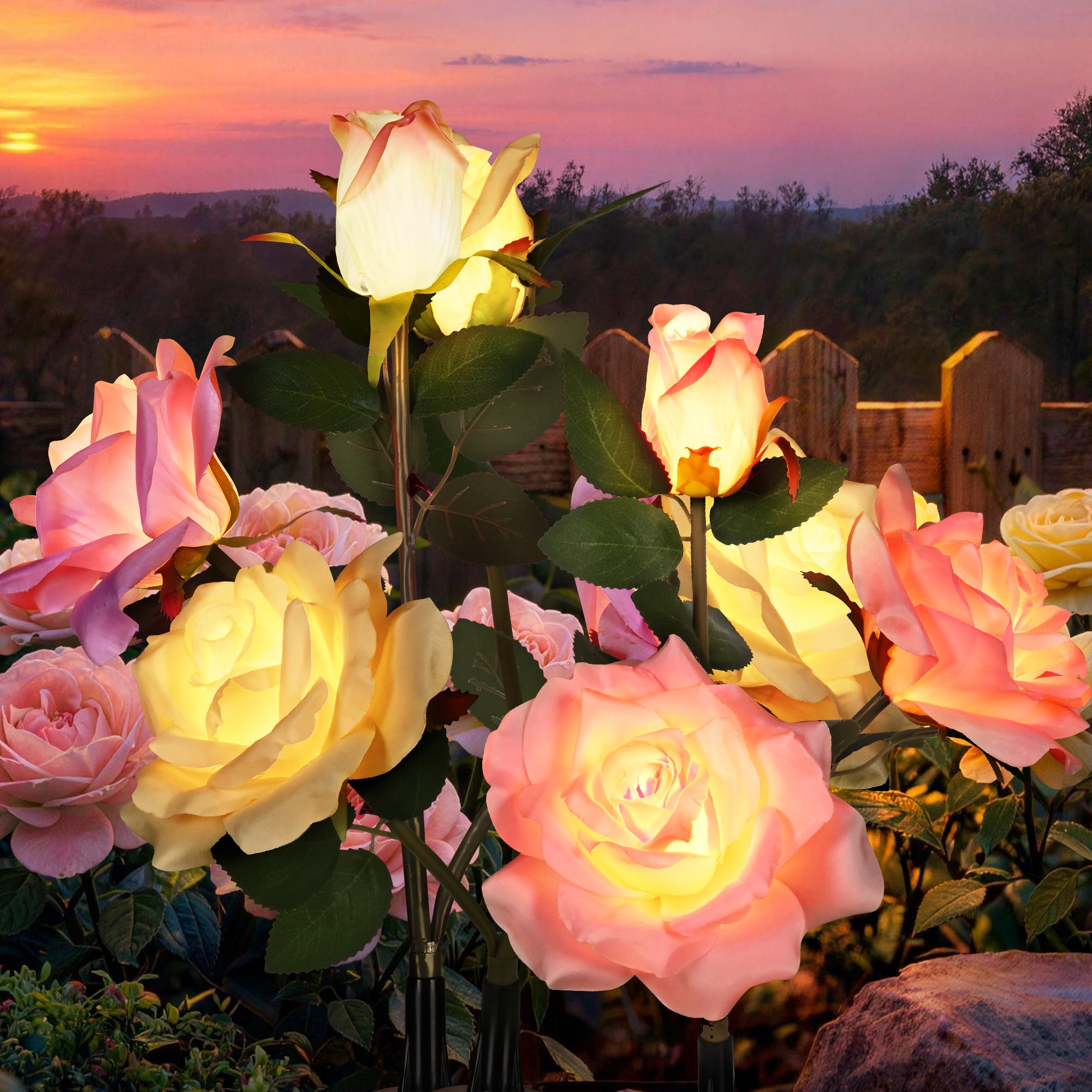 GIGALUMI Artificial Rose Solar Lights (3 Pack)
