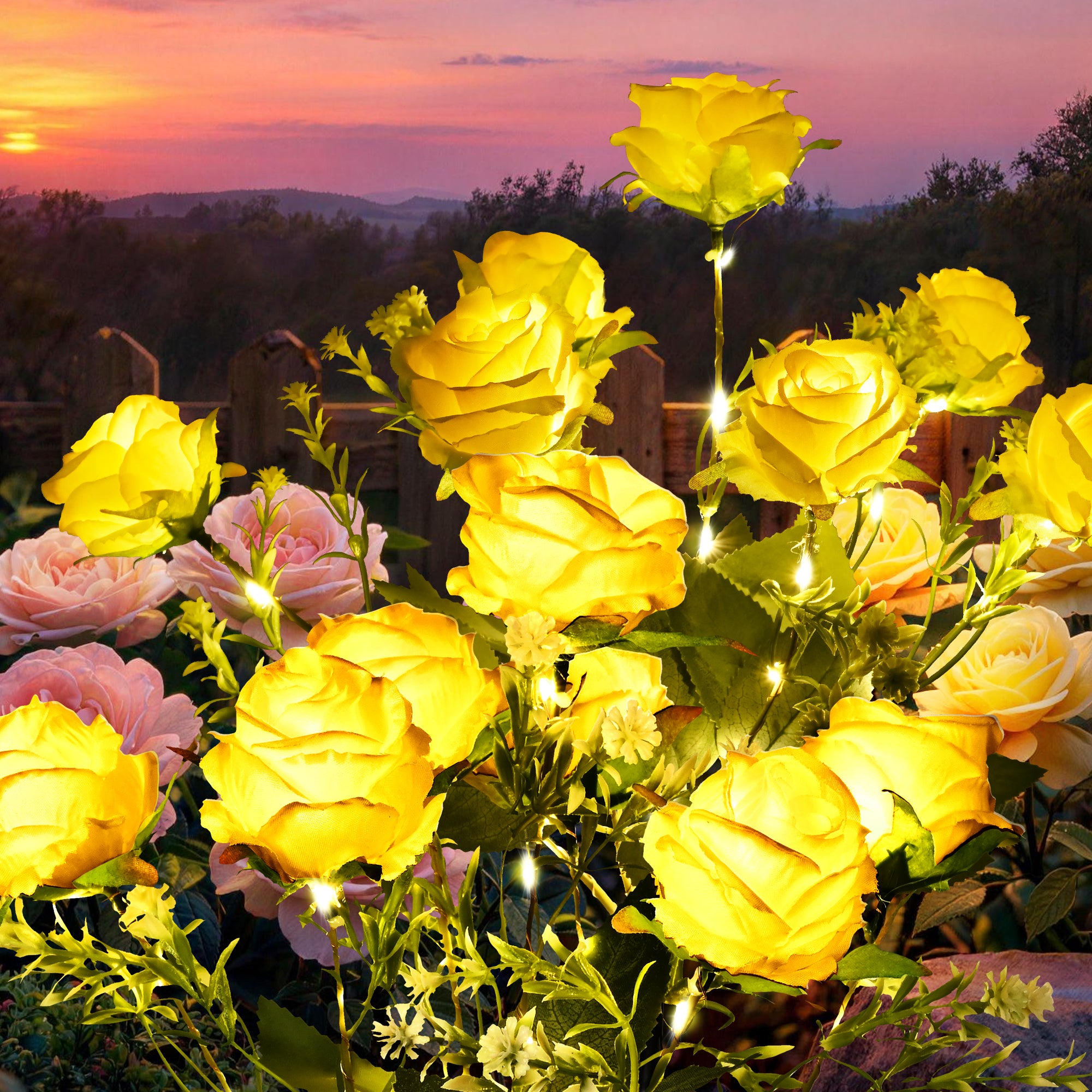 GIGALUMI 4 Pack Solar 28 Roses Flowers Outdoor, 2 Modes, Yellow