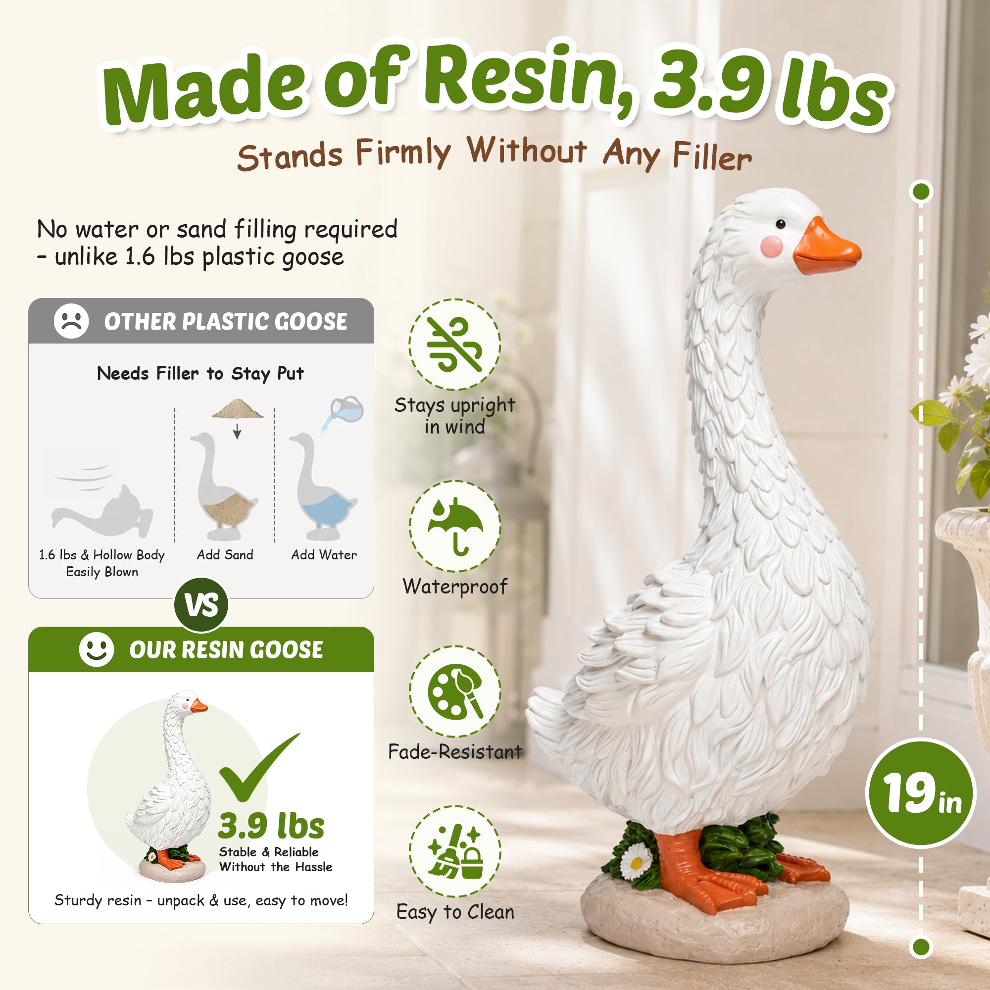 GIGALUMI Cute Porch Goose Statue 19" Resin Garden Decor Front Porch Decor