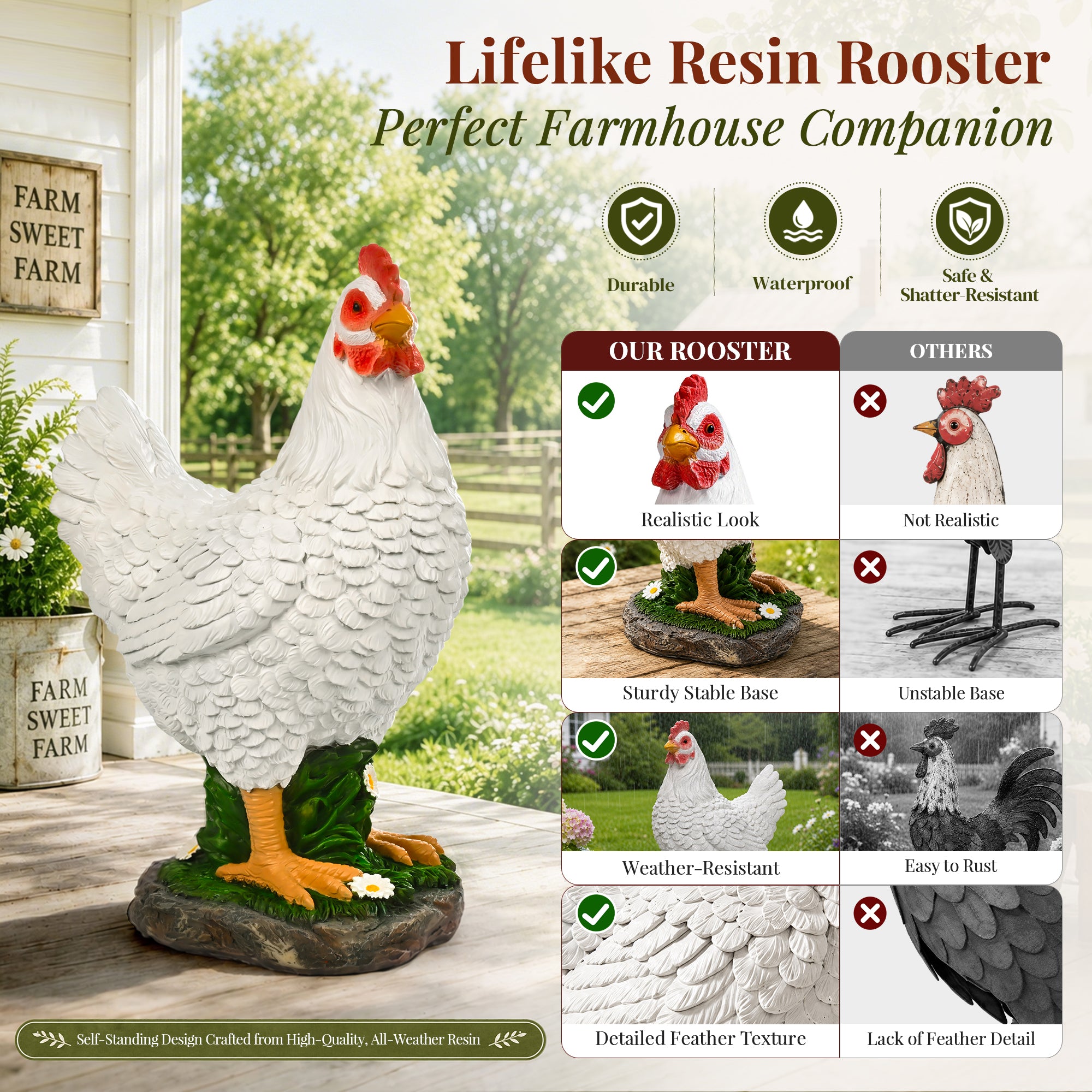GIGALUMI Resin Hen Garden Decor, Farm Porch&Yard Outdoor 16" Statue