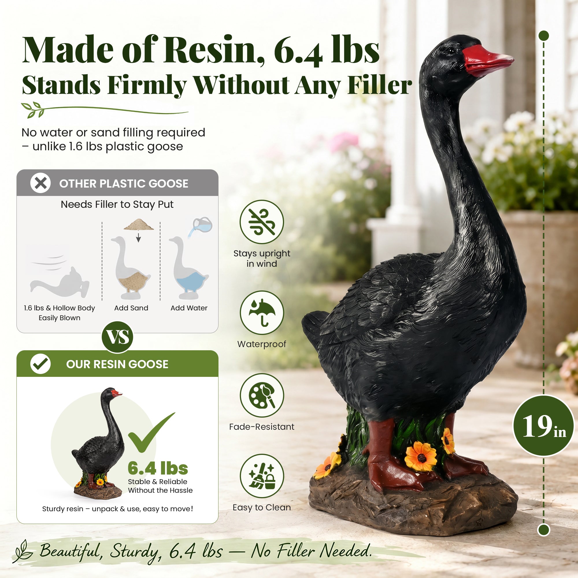 GIGALUMI 19" Large Porch Black Goose Statue, Durable Resin Garden Decor