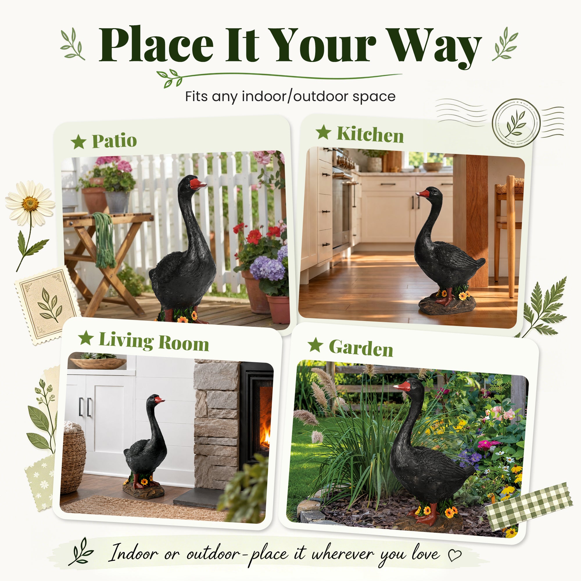 GIGALUMI 19" Large Porch Black Goose Statue, Durable Resin Garden Decor