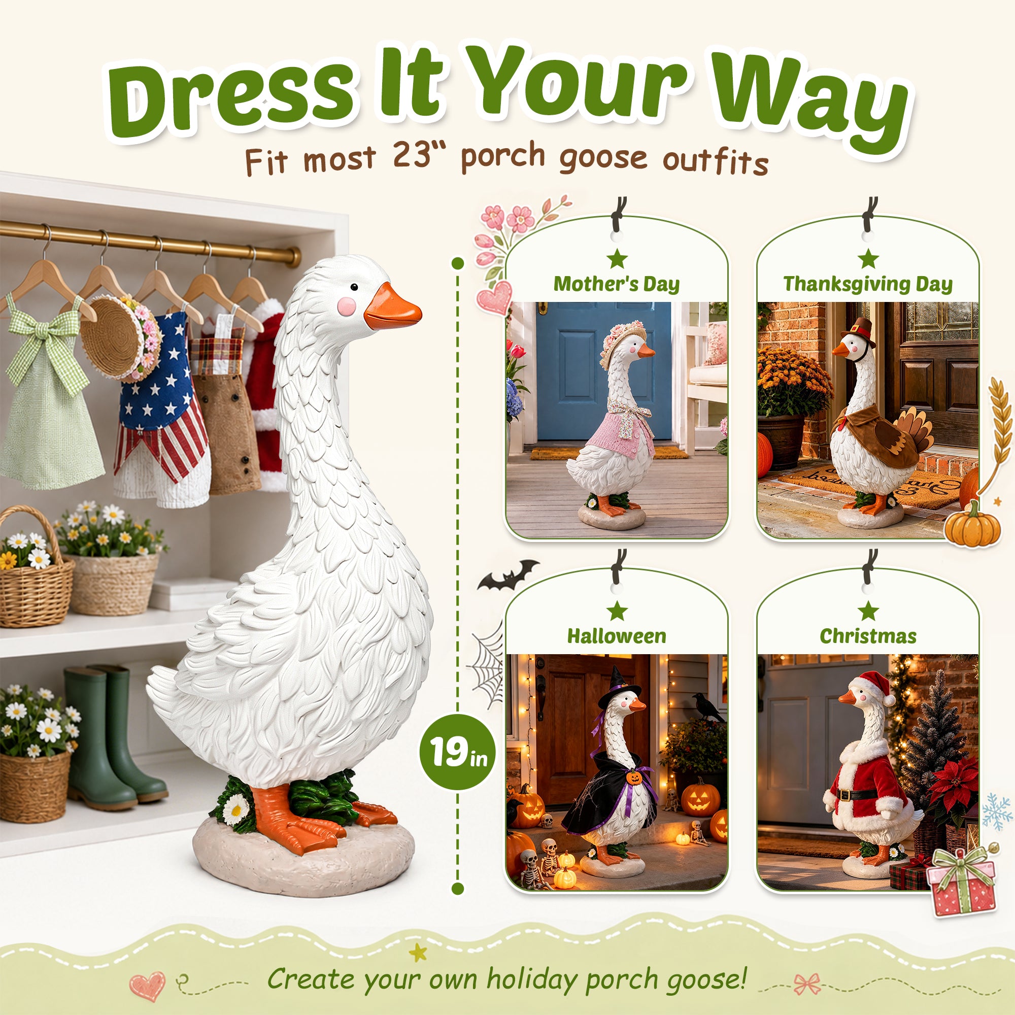 GIGALUMI Cute Porch Goose Statue 19" Resin Garden Decor Front Porch Decor