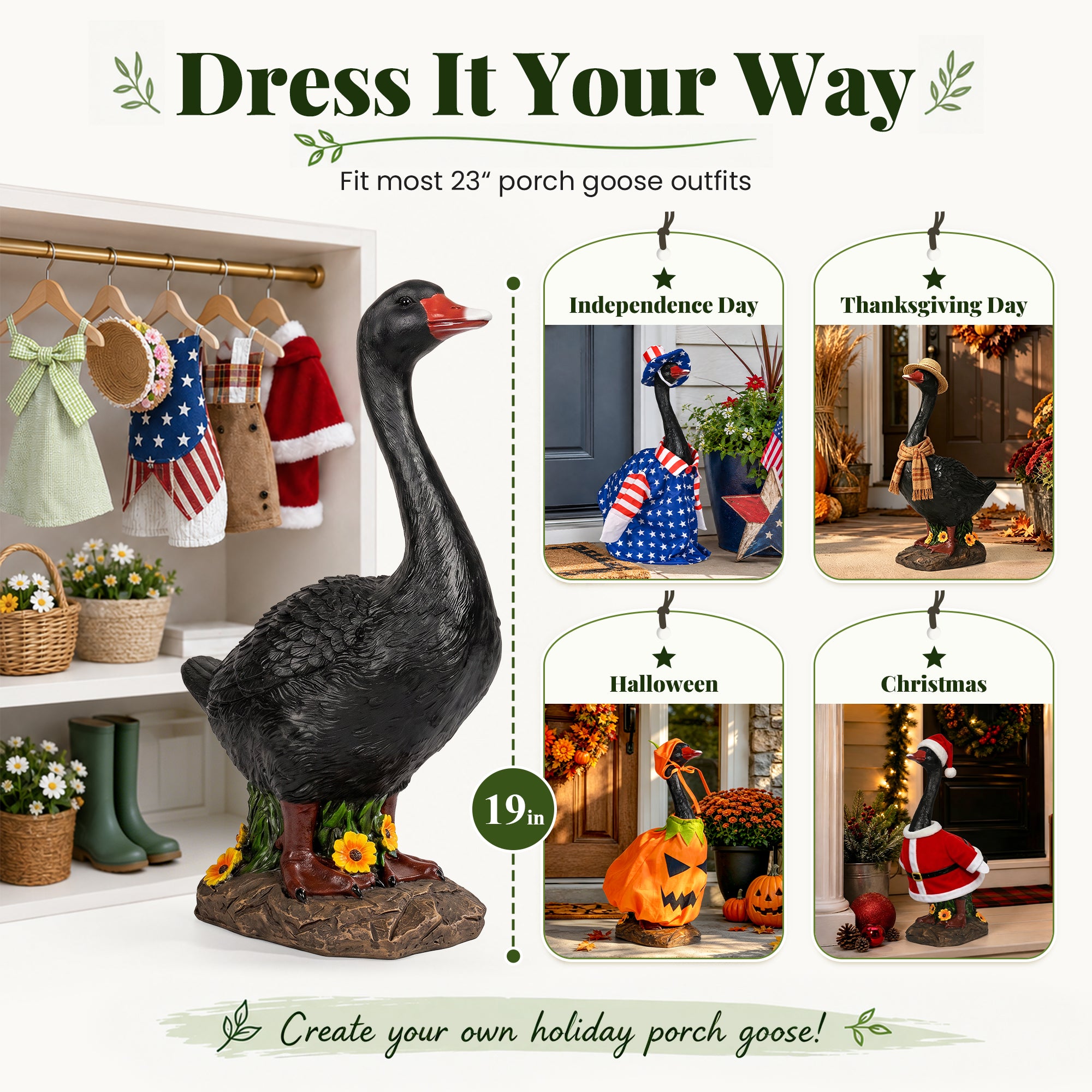 GIGALUMI 19" Large Porch Black Goose Statue, Durable Resin Garden Decor