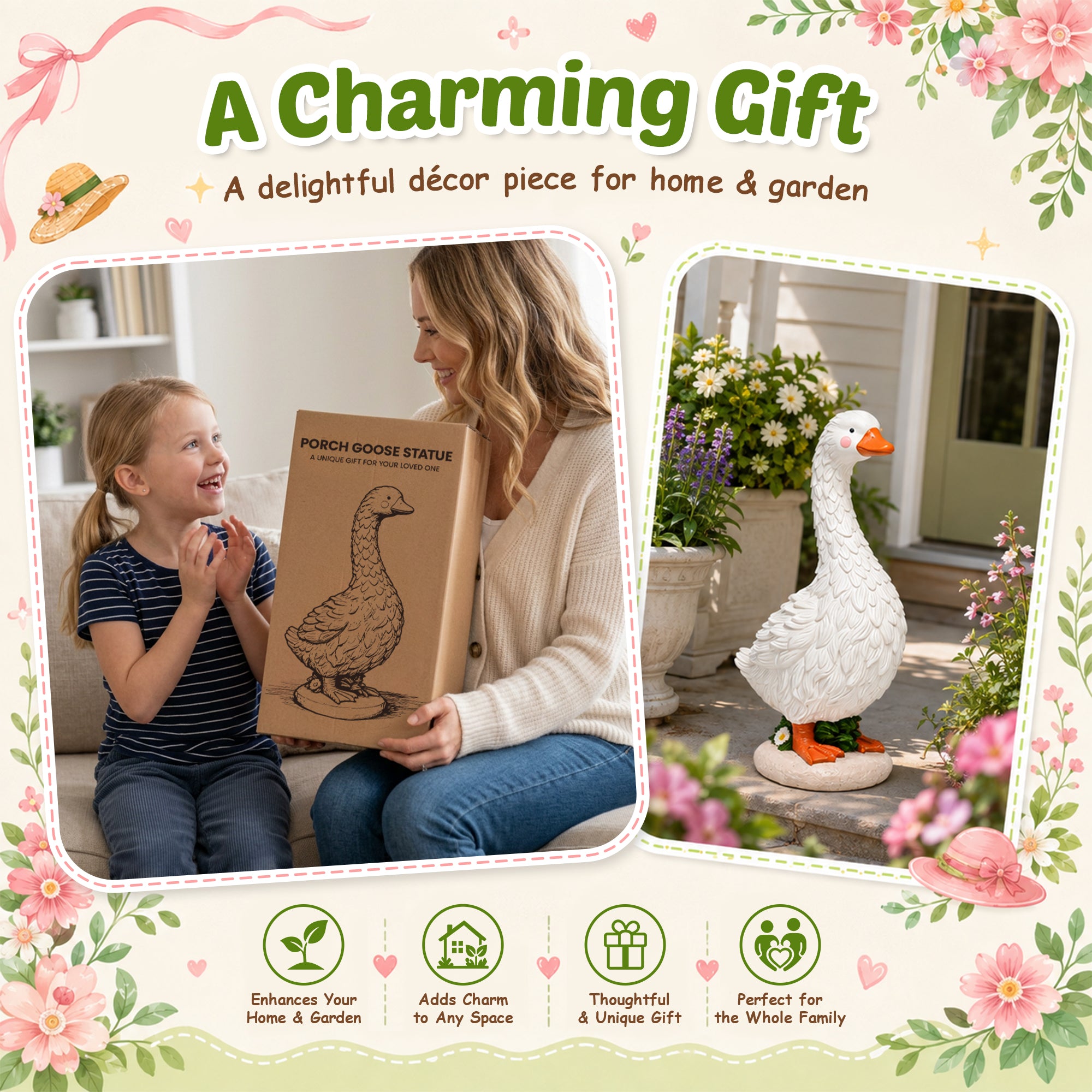 GIGALUMI Cute Porch Goose Statue 19" Resin Garden Decor Front Porch Decor