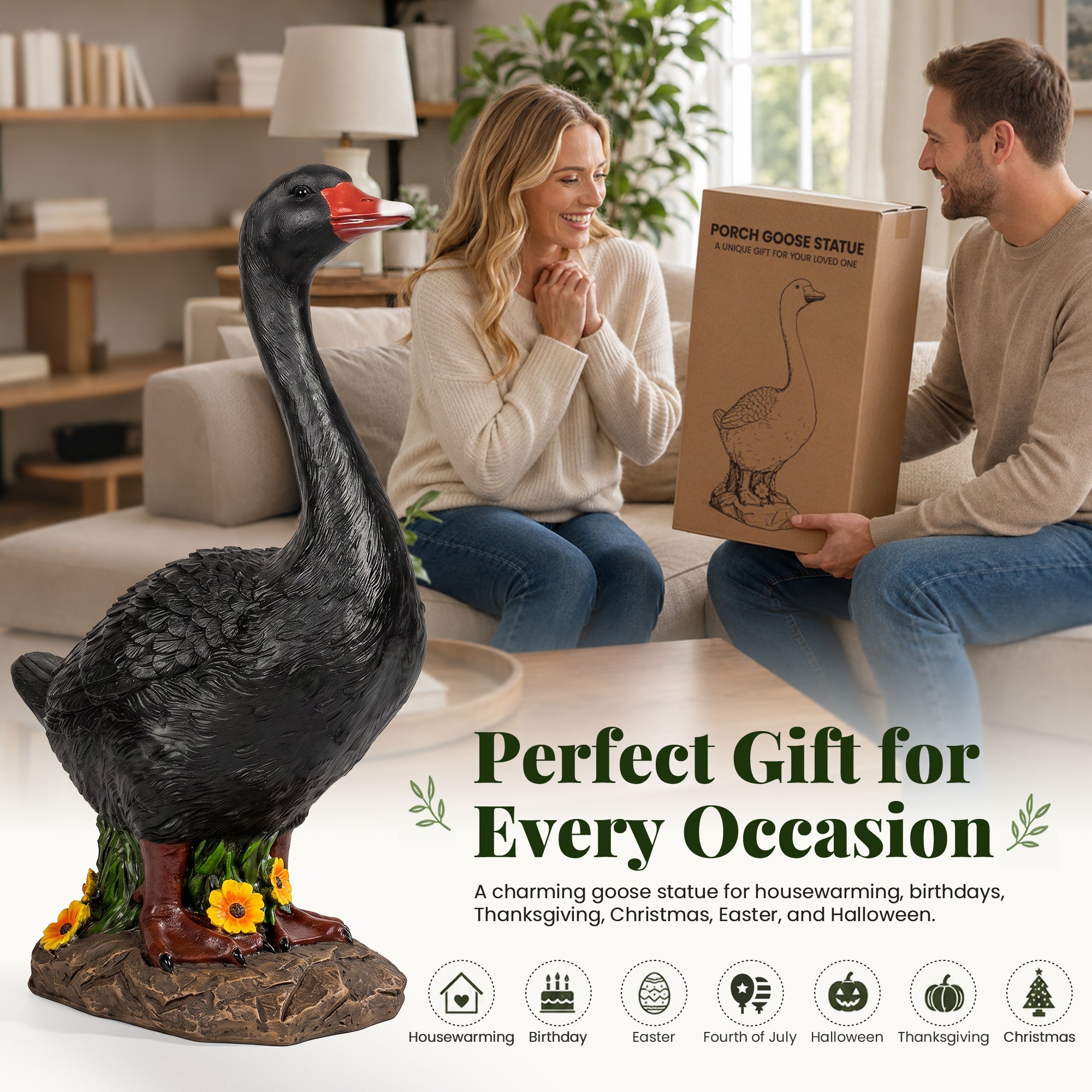 GIGALUMI 19" Large Porch Black Goose Statue, Durable Resin Garden Decor