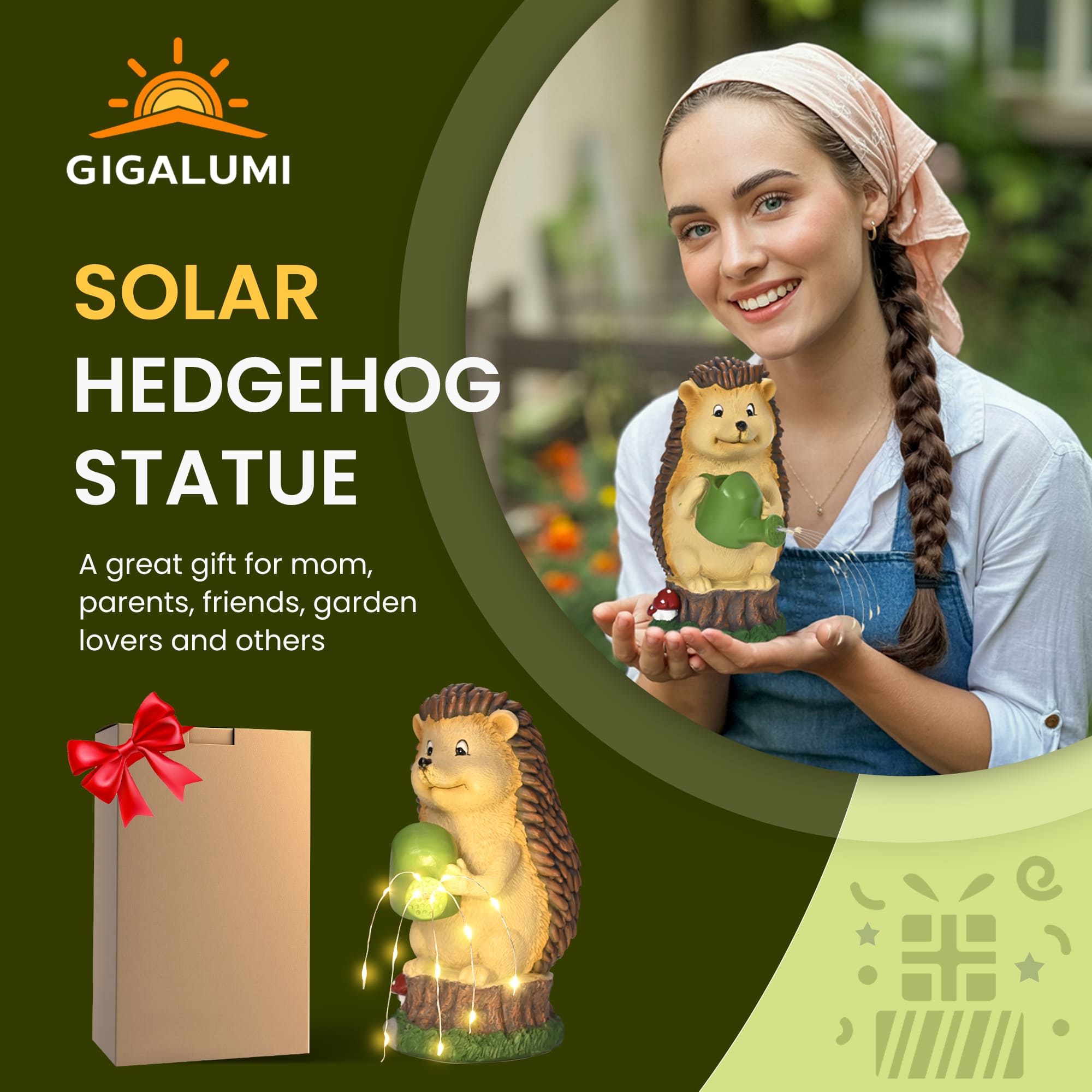 GIGALUMI Solar Powered Watering Hedgehog Statues