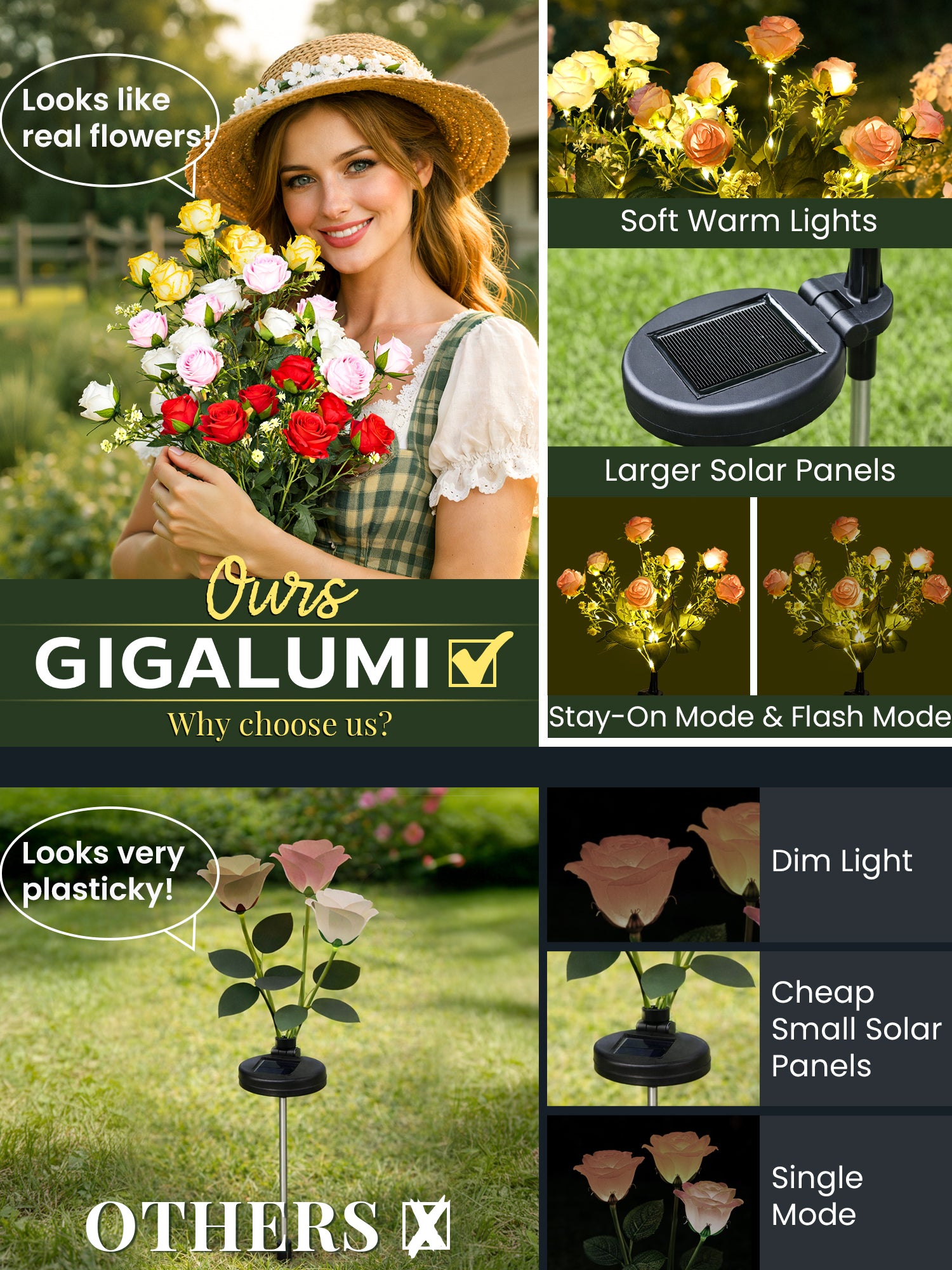 GIGALUMI Artificial Roses Solar Lights (4 Pack)