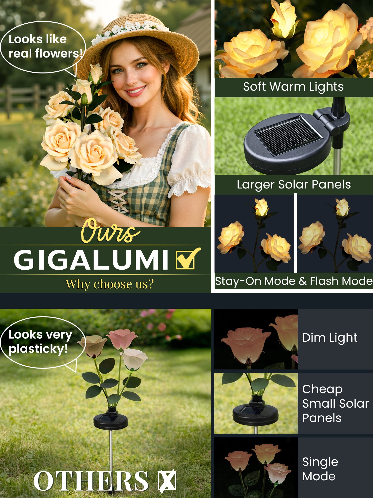 GIGALUMI Solar Outdoor Lights 9 Roses for Garden Decor, 3 Pack Yellow