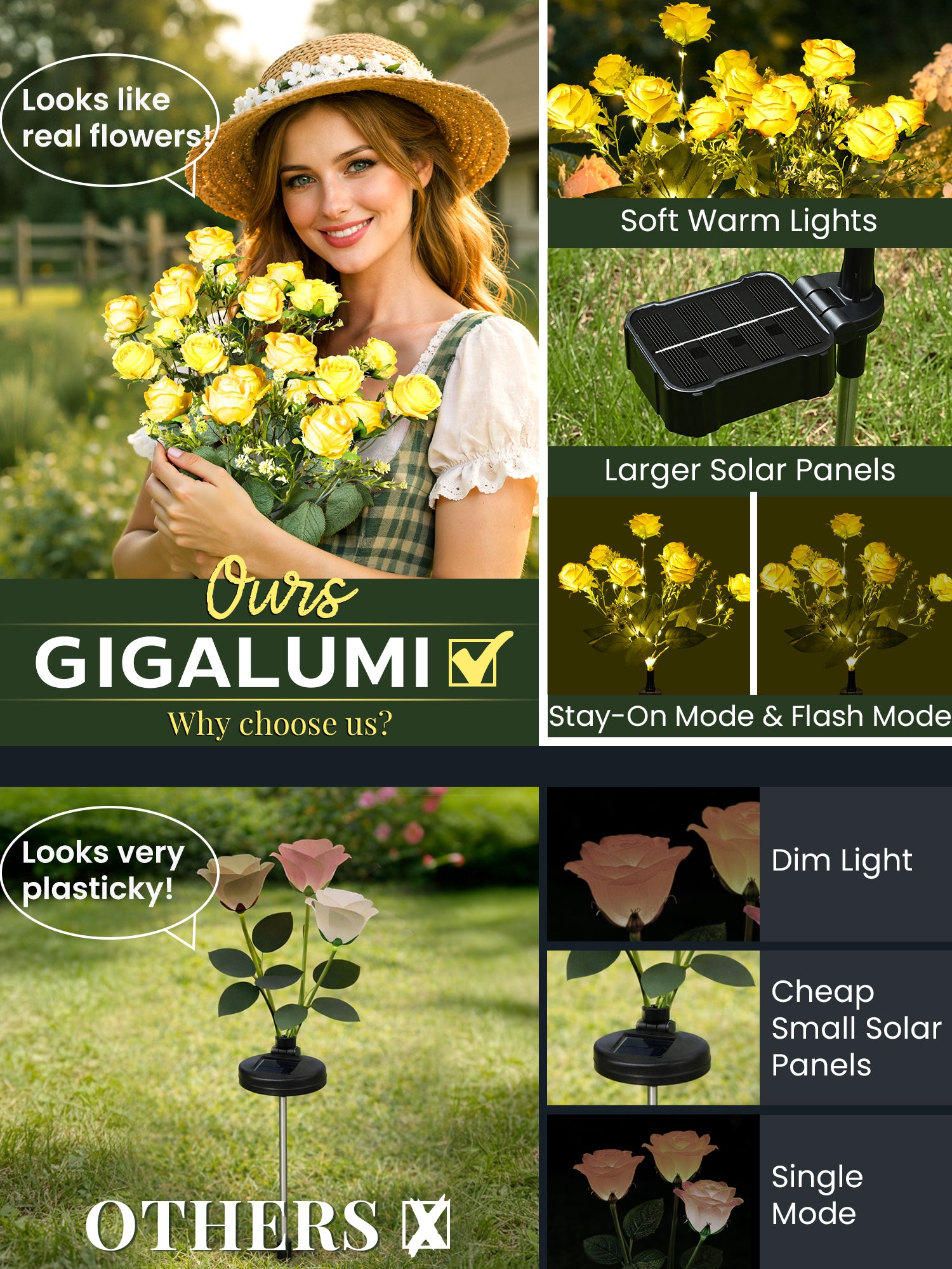 GIGALUMI 4 Pack Solar 28 Roses Flowers Outdoor, 2 Modes, Yellow