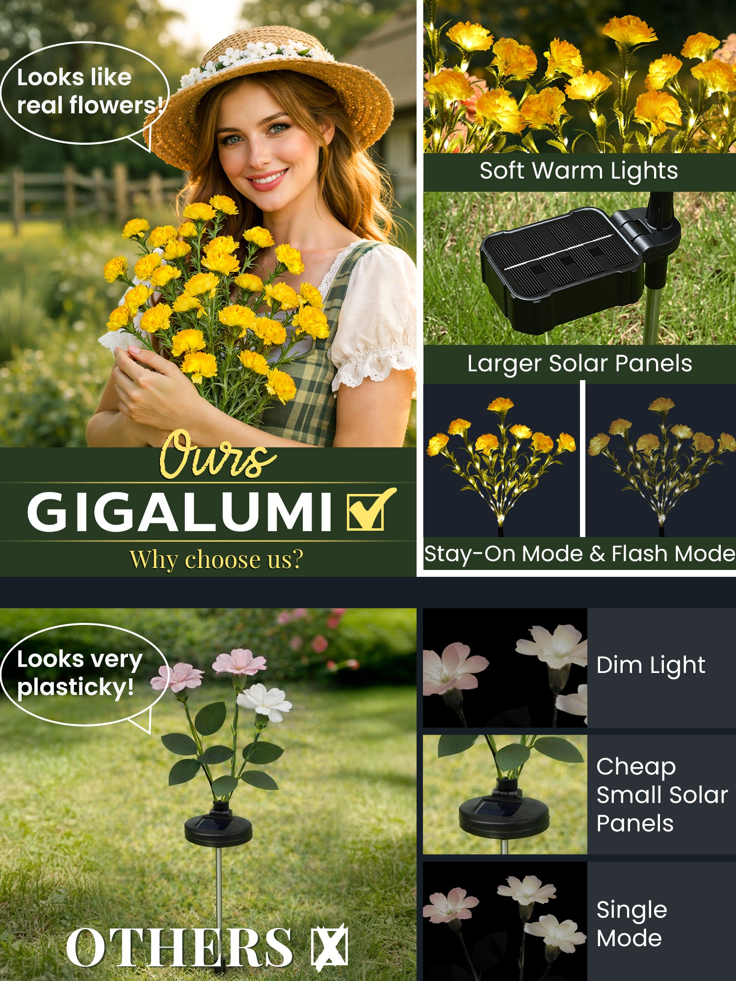 GIGALUMI 4 Pack Solar 28 Carnations Flowers Outdoor, 2 Modes, Yellow