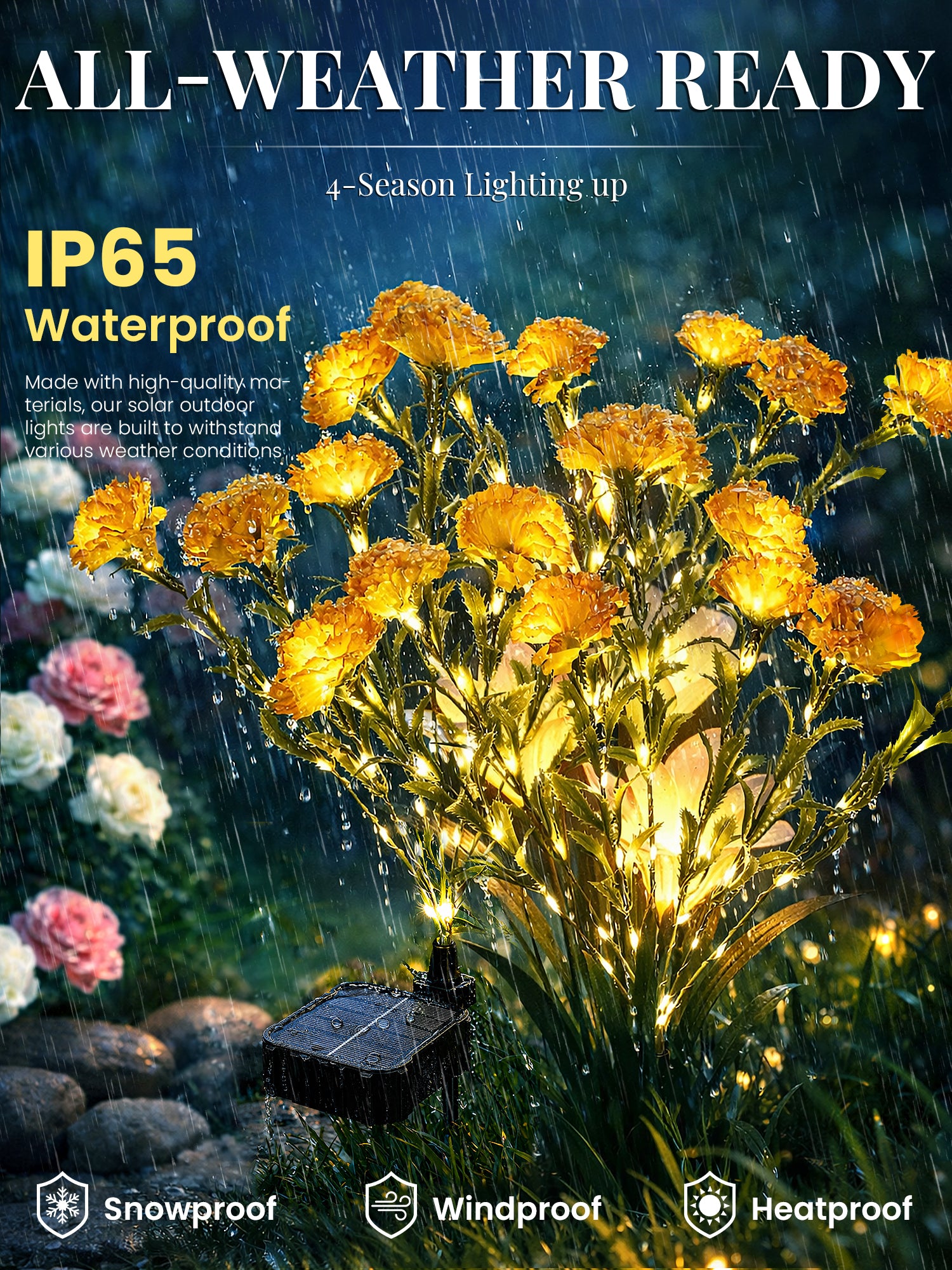 GIGALUMI 4 Pack Solar 28 Carnations Flowers Outdoor, 2 Modes, Yellow