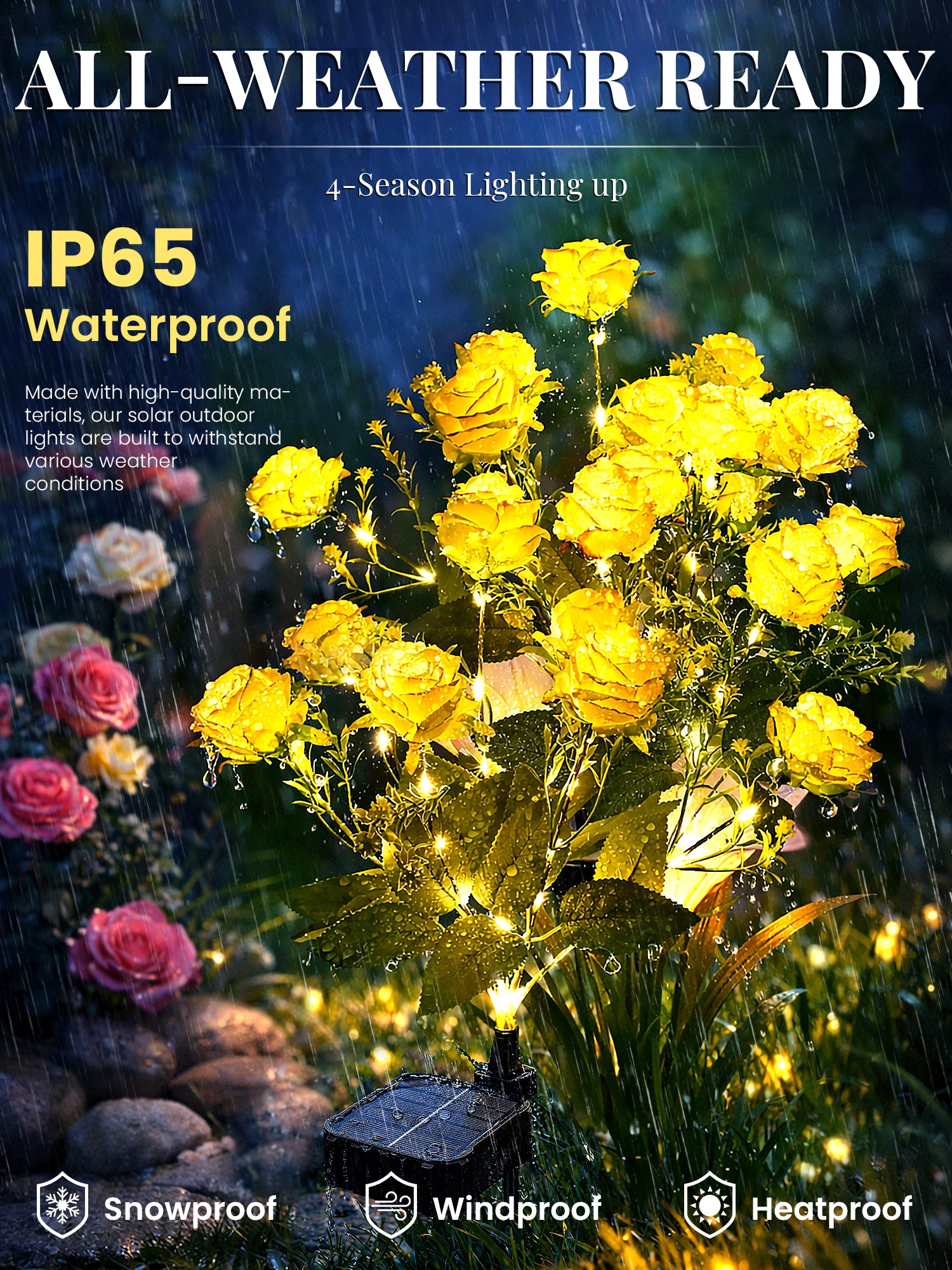 GIGALUMI 4 Pack Solar 28 Roses Flowers Outdoor, 2 Modes, Yellow