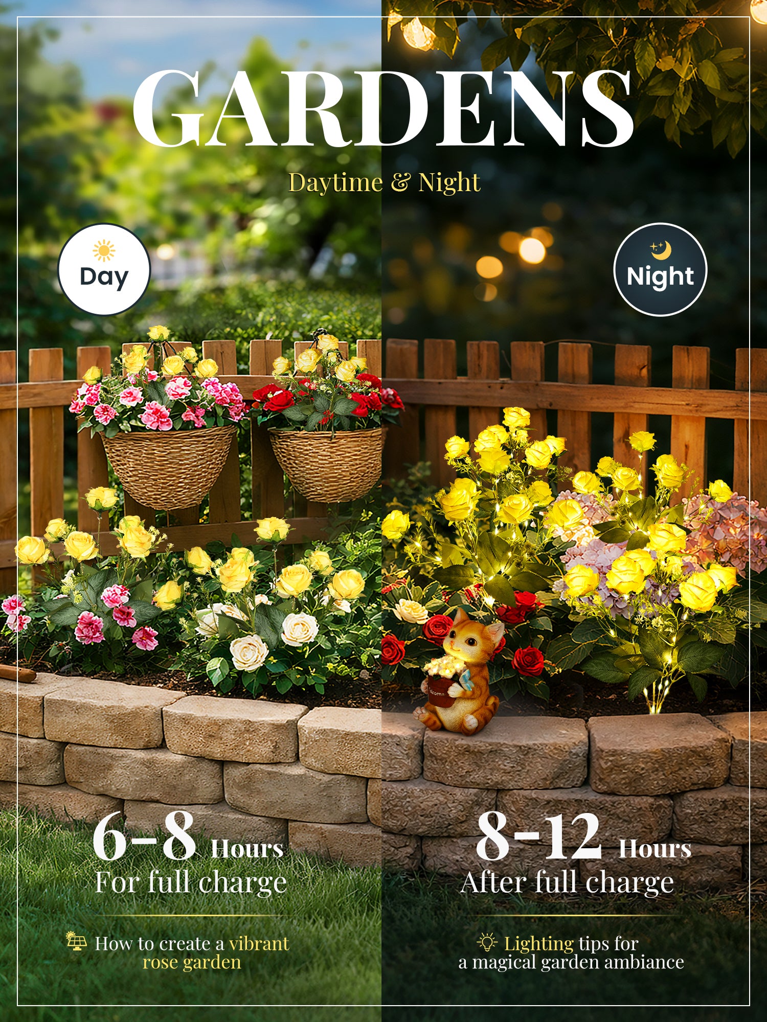 GIGALUMI 4 Pack Solar 28 Roses Flowers Outdoor, 2 Modes, Yellow