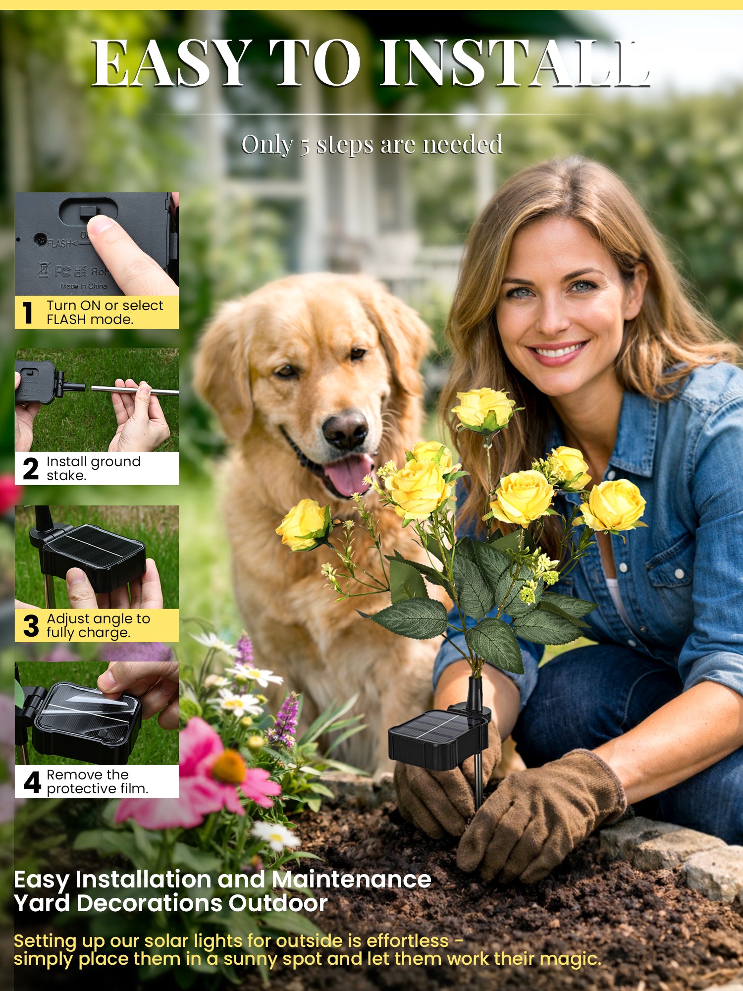 GIGALUMI 4 Pack Solar 28 Roses Flowers Outdoor, 2 Modes, Yellow
