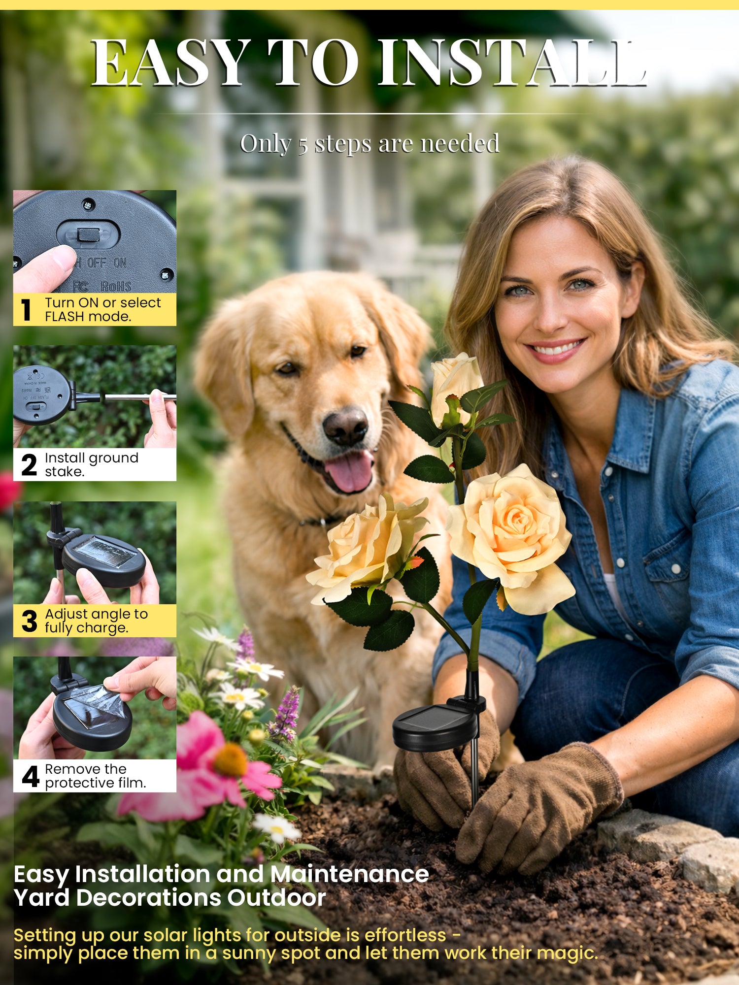 GIGALUMI Solar Outdoor Lights 9 Roses for Garden Decor, 3 Pack Yellow
