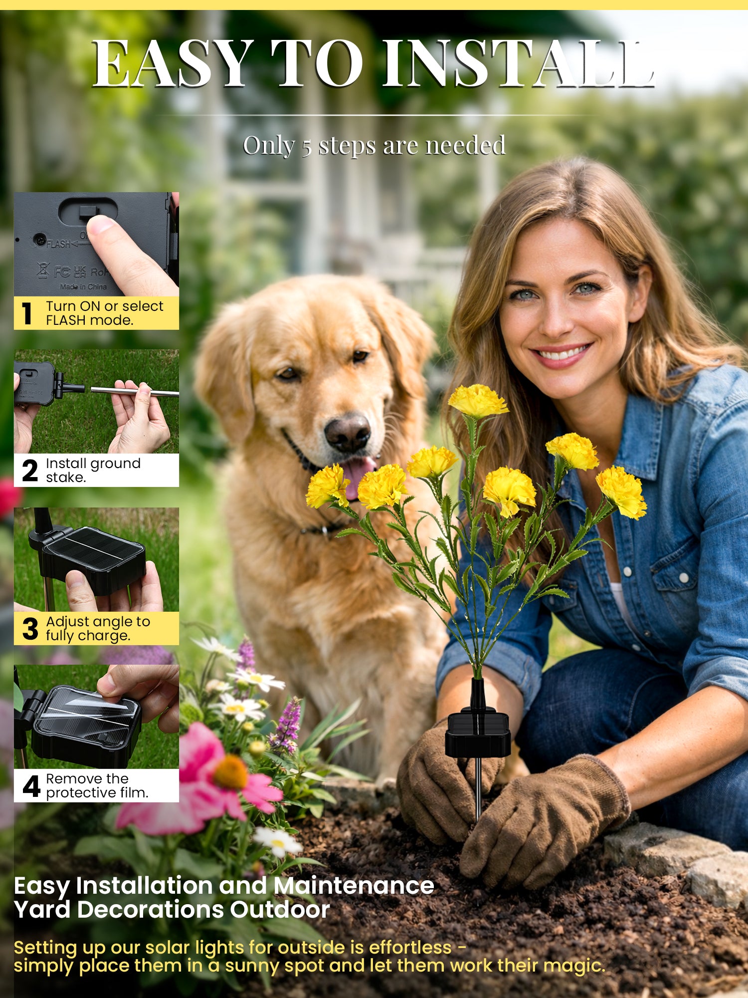 GIGALUMI 4 Pack Solar 28 Carnations Flowers Outdoor, 2 Modes, Yellow