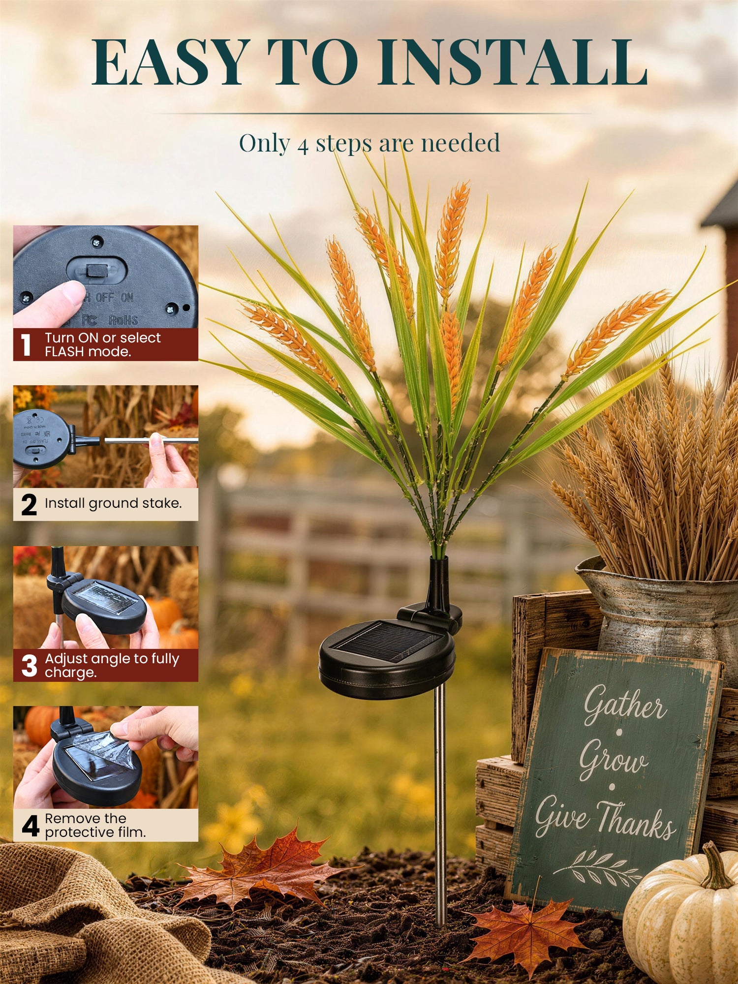 GIGALUMI Solar Wheat Outdoor Fall Decor, 2 Modes, Yellow