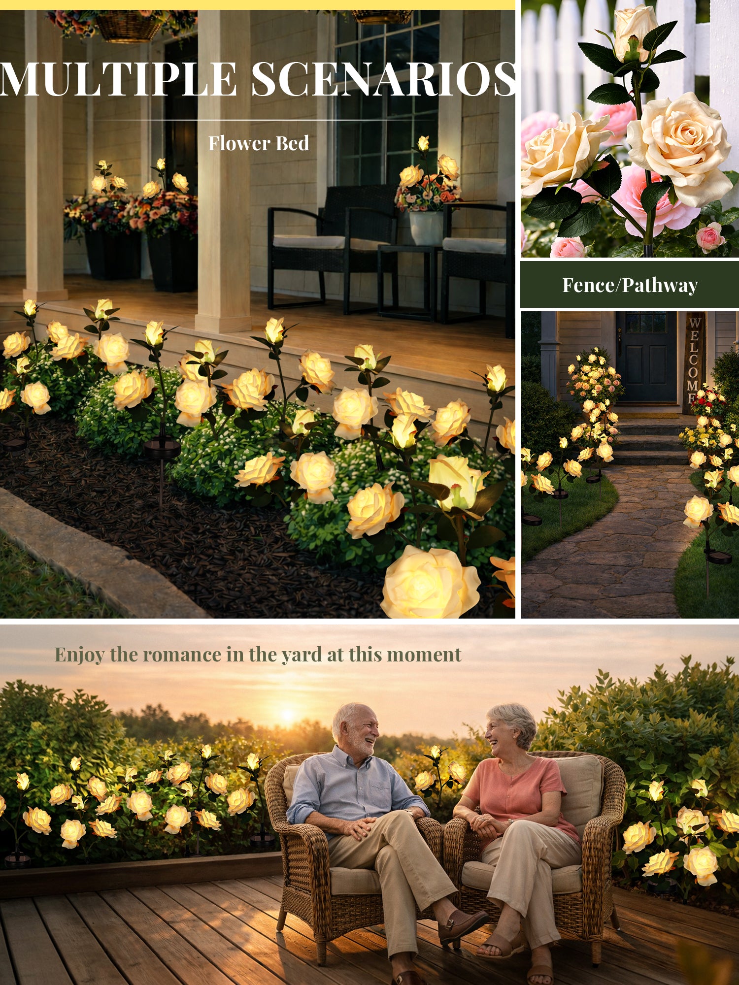 GIGALUMI Solar Outdoor Lights 9 Roses for Garden Decor, 3 Pack Yellow