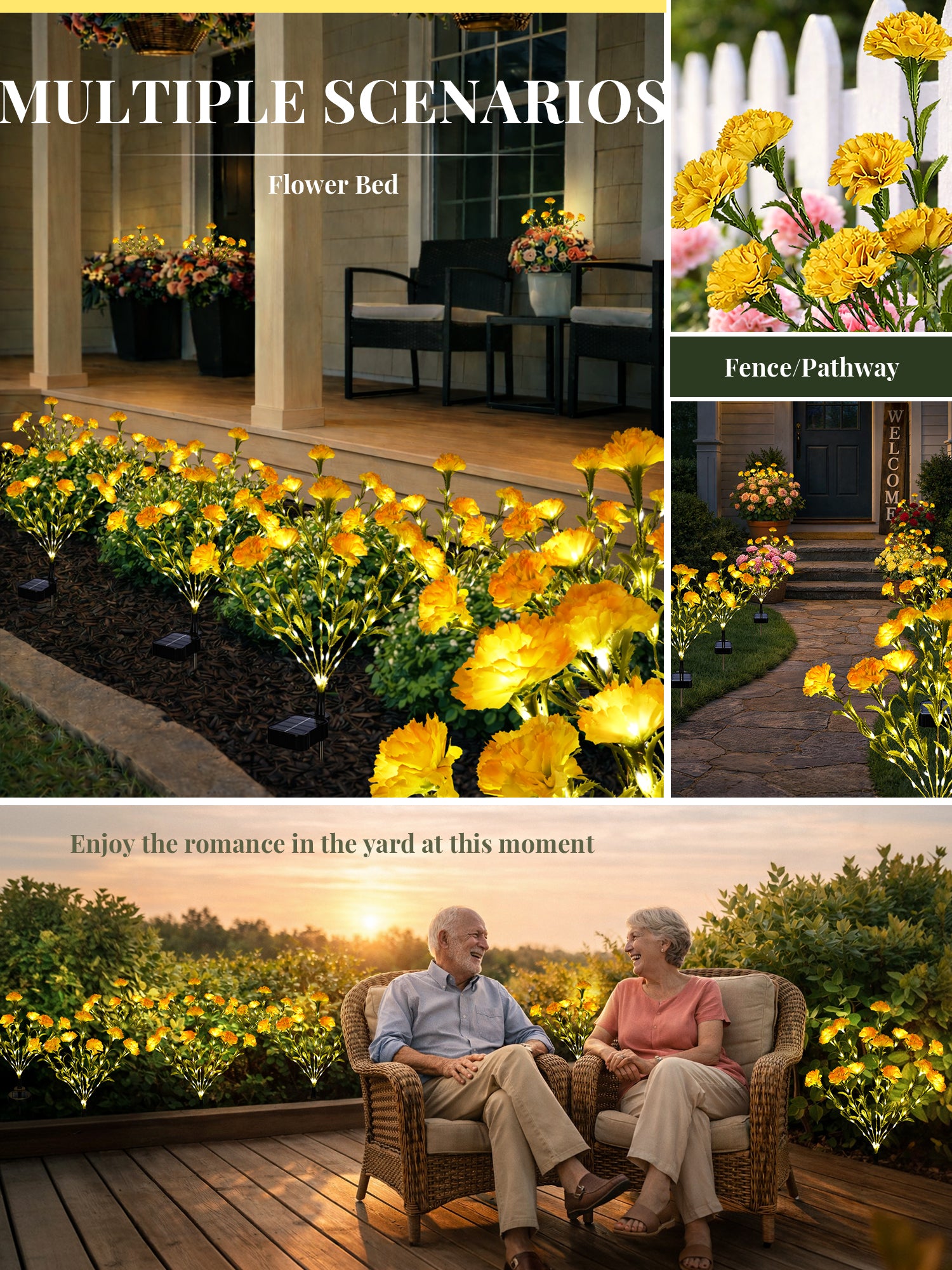 GIGALUMI 4 Pack Solar 28 Carnations Flowers Outdoor, 2 Modes, Yellow