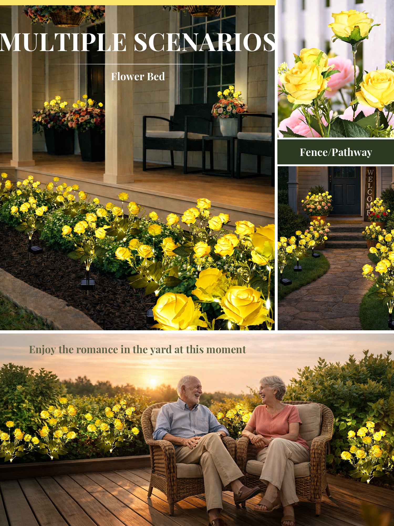 GIGALUMI 4 Pack Solar 28 Roses Flowers Outdoor, 2 Modes, Yellow