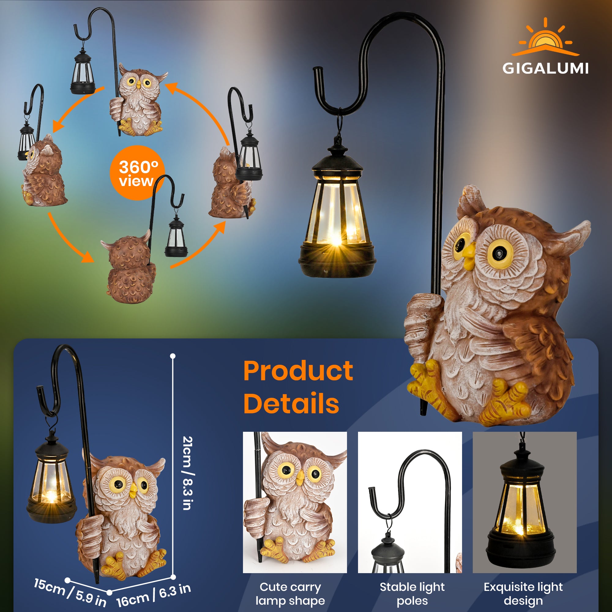 GIGALUMI Solar Powered Owl Figurine Statue