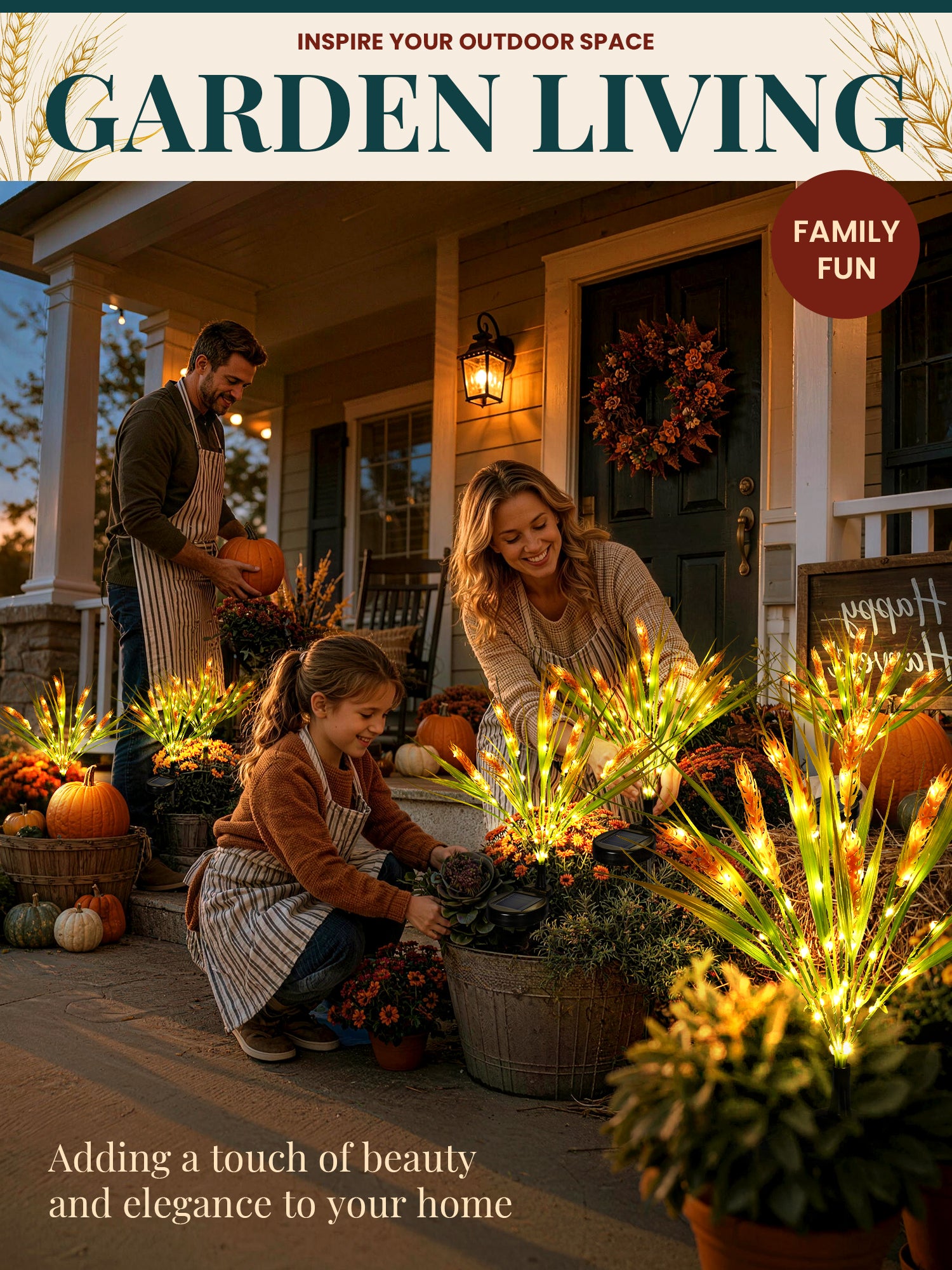 GIGALUMI Solar Wheat Outdoor Fall Decor, 2 Modes, Yellow