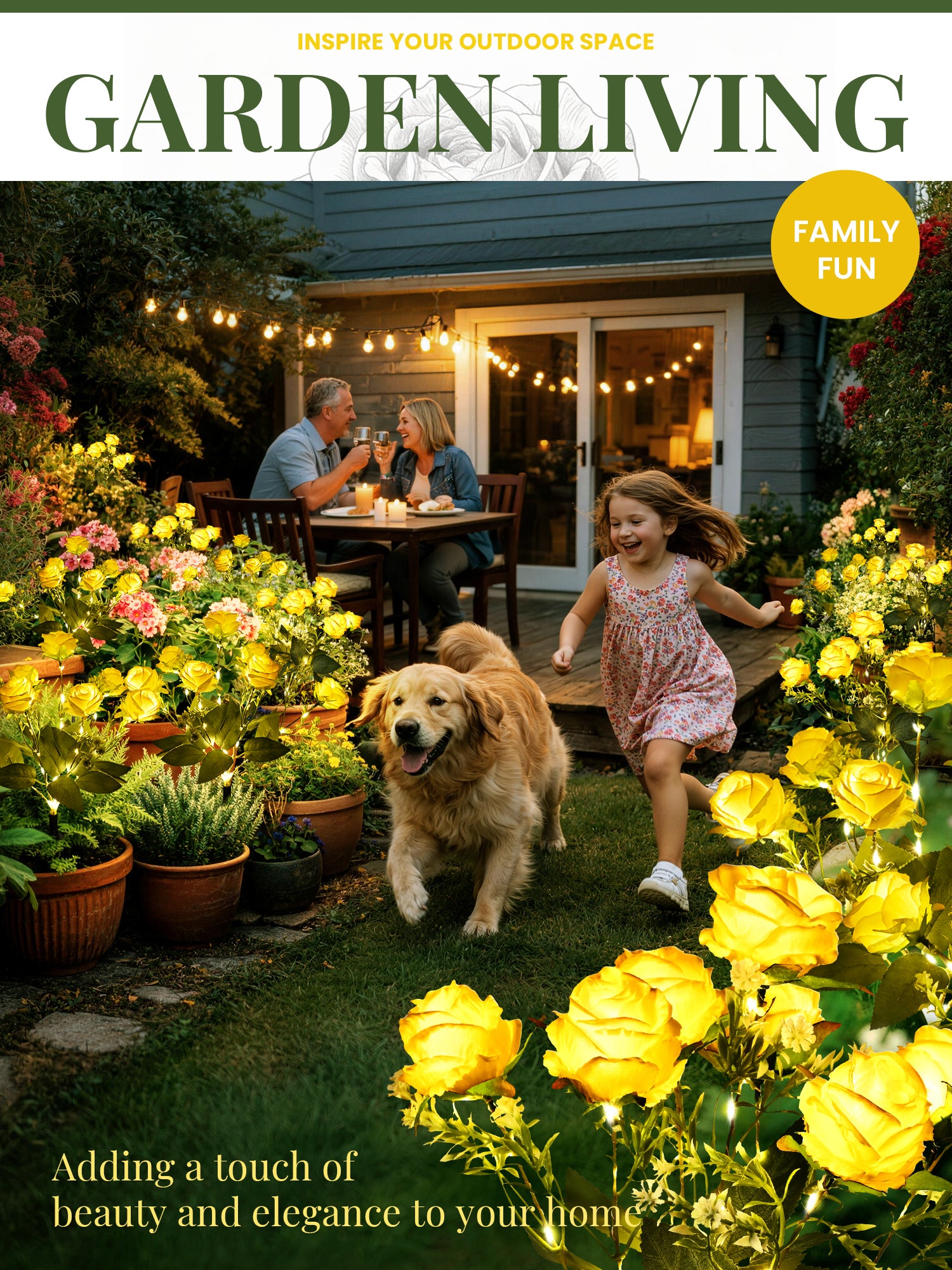 GIGALUMI 4 Pack Solar 28 Roses Flowers Outdoor, 2 Modes, Yellow