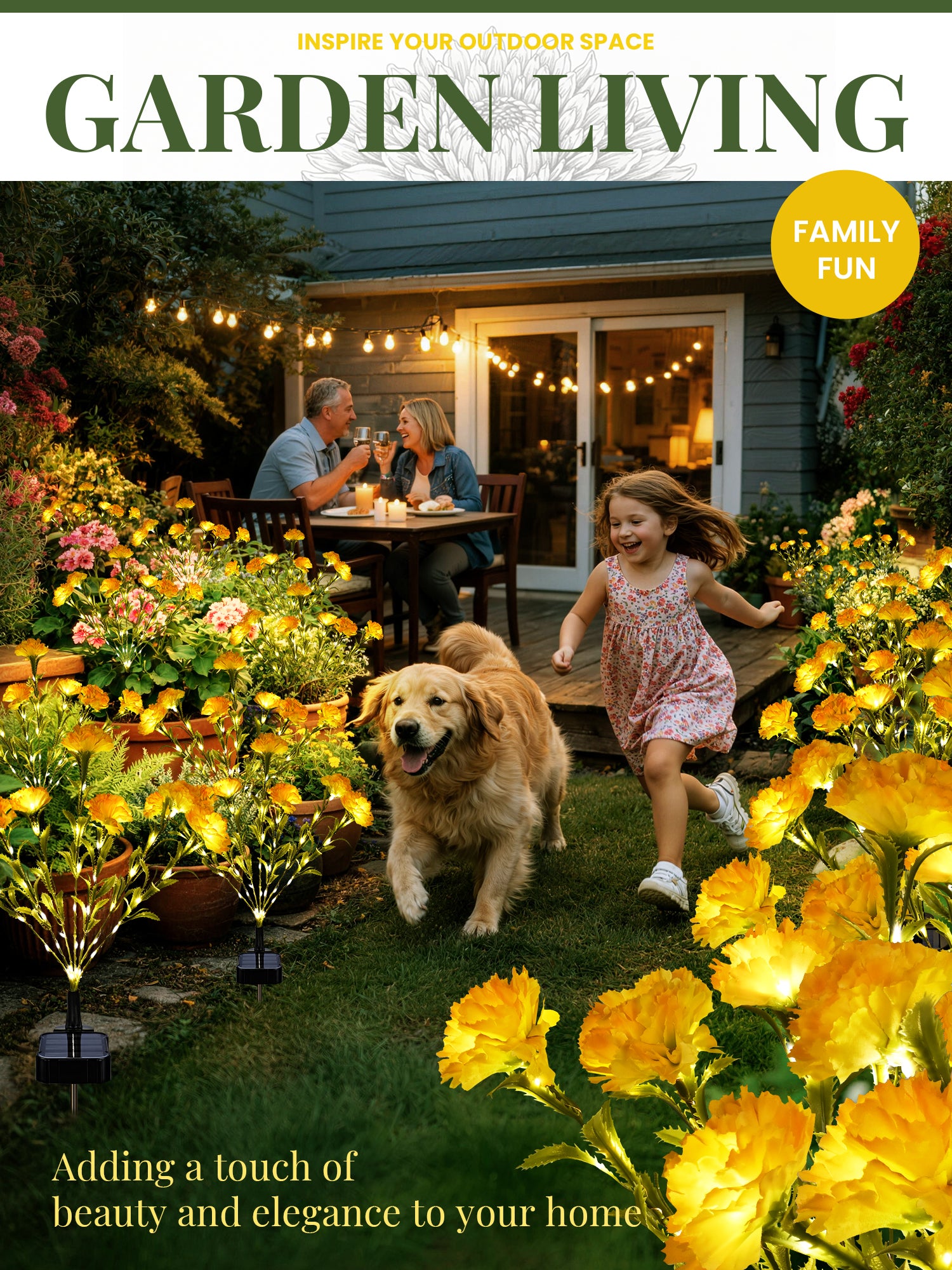 GIGALUMI 4 Pack Solar 28 Carnations Flowers Outdoor, 2 Modes, Yellow