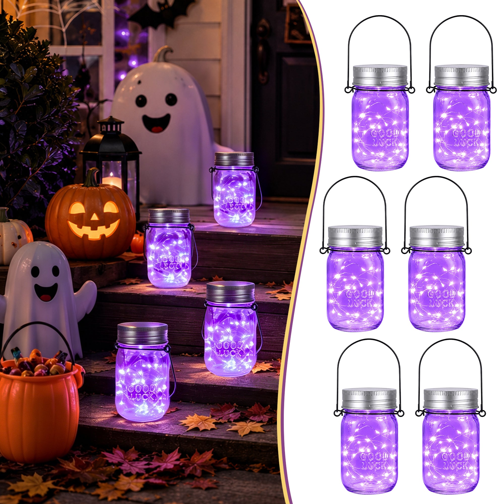 GIGALUMI Hanging Mason Jar Solar Lights 6 Pack for Halloween Decorations