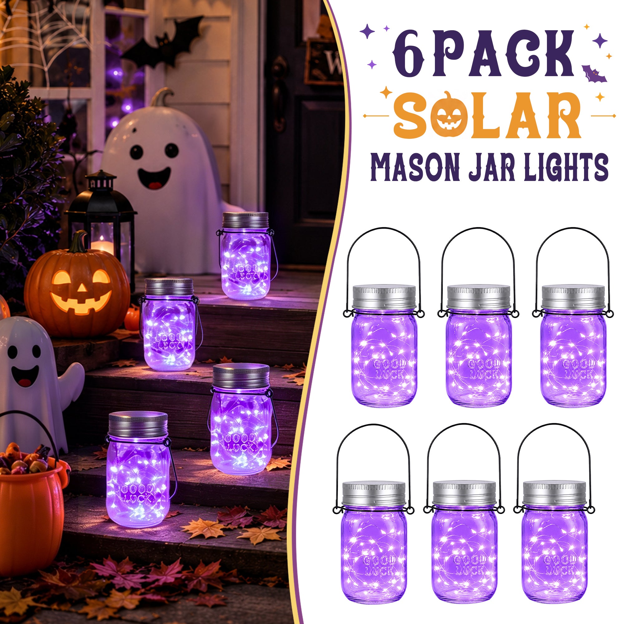 GIGALUMI Hanging Mason Jar Solar Lights 6 Pack for Halloween Decorations