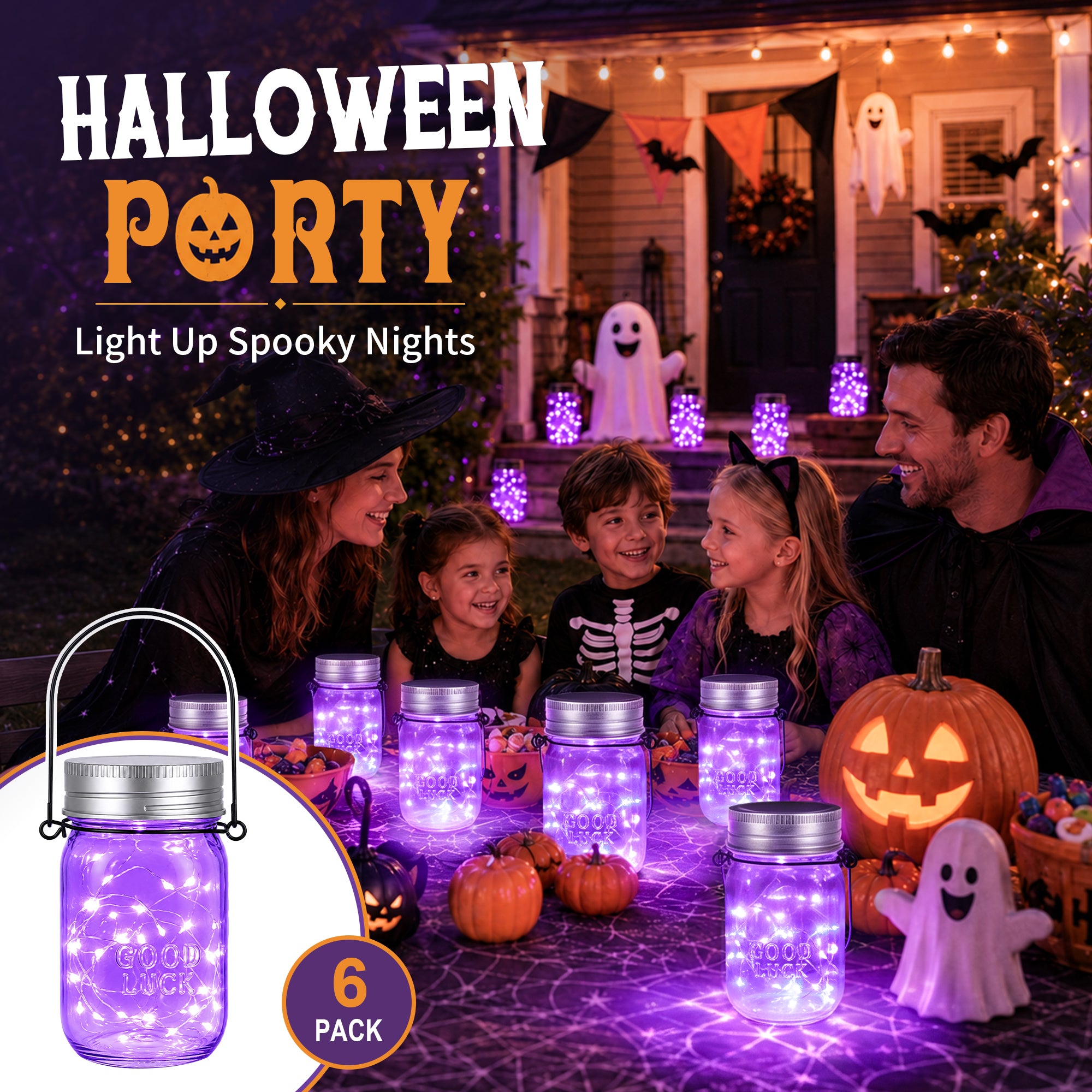 GIGALUMI Hanging Mason Jar Solar Lights 6 Pack for Halloween Decorations