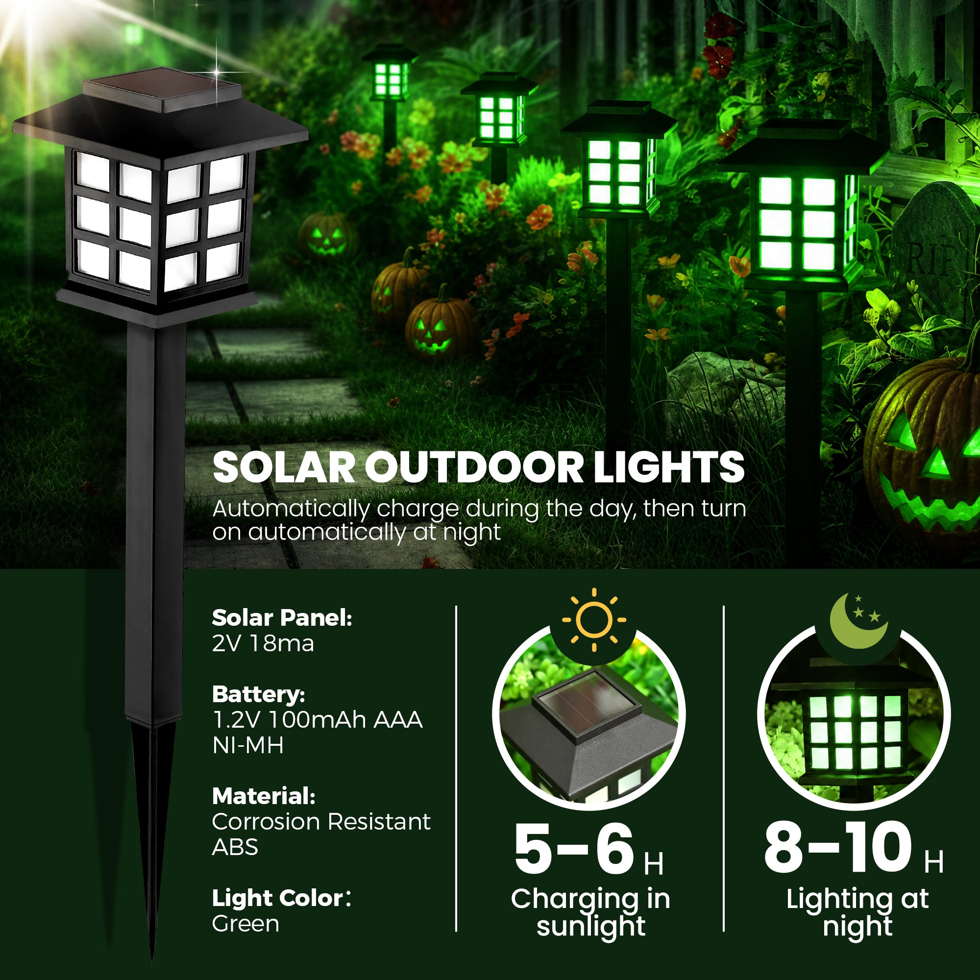 GIGALUMI Halloween Solar Lights Outdoor,12ps Green Halloween Decorations